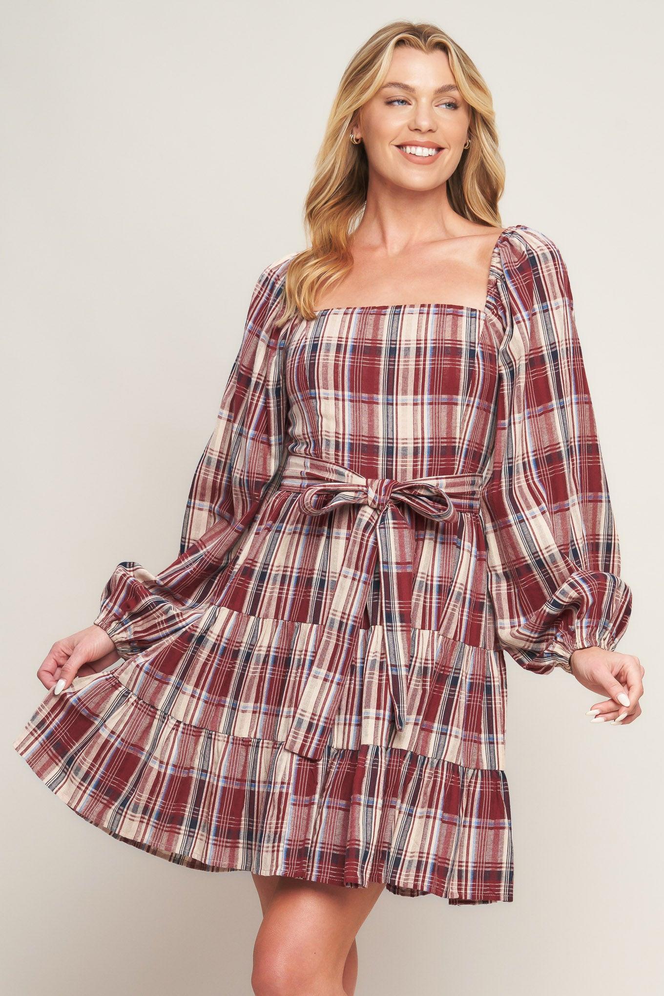 Honey Hug Plaid Mini Dress in burgundy, view 1 — Soul Flow Apparel