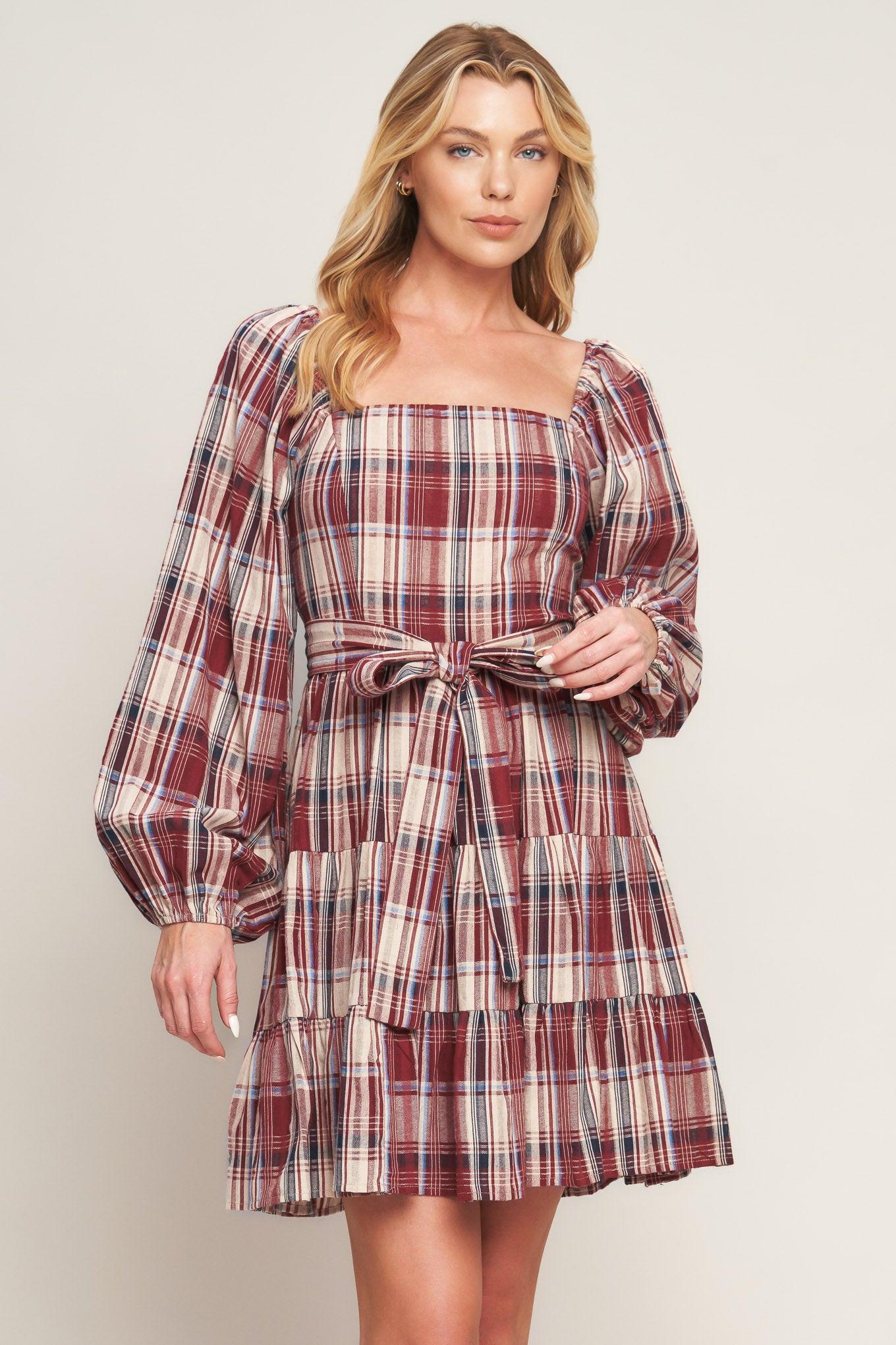 Honey Hug Plaid Mini Dress in burgundy, view 2 — Soul Flow Apparel