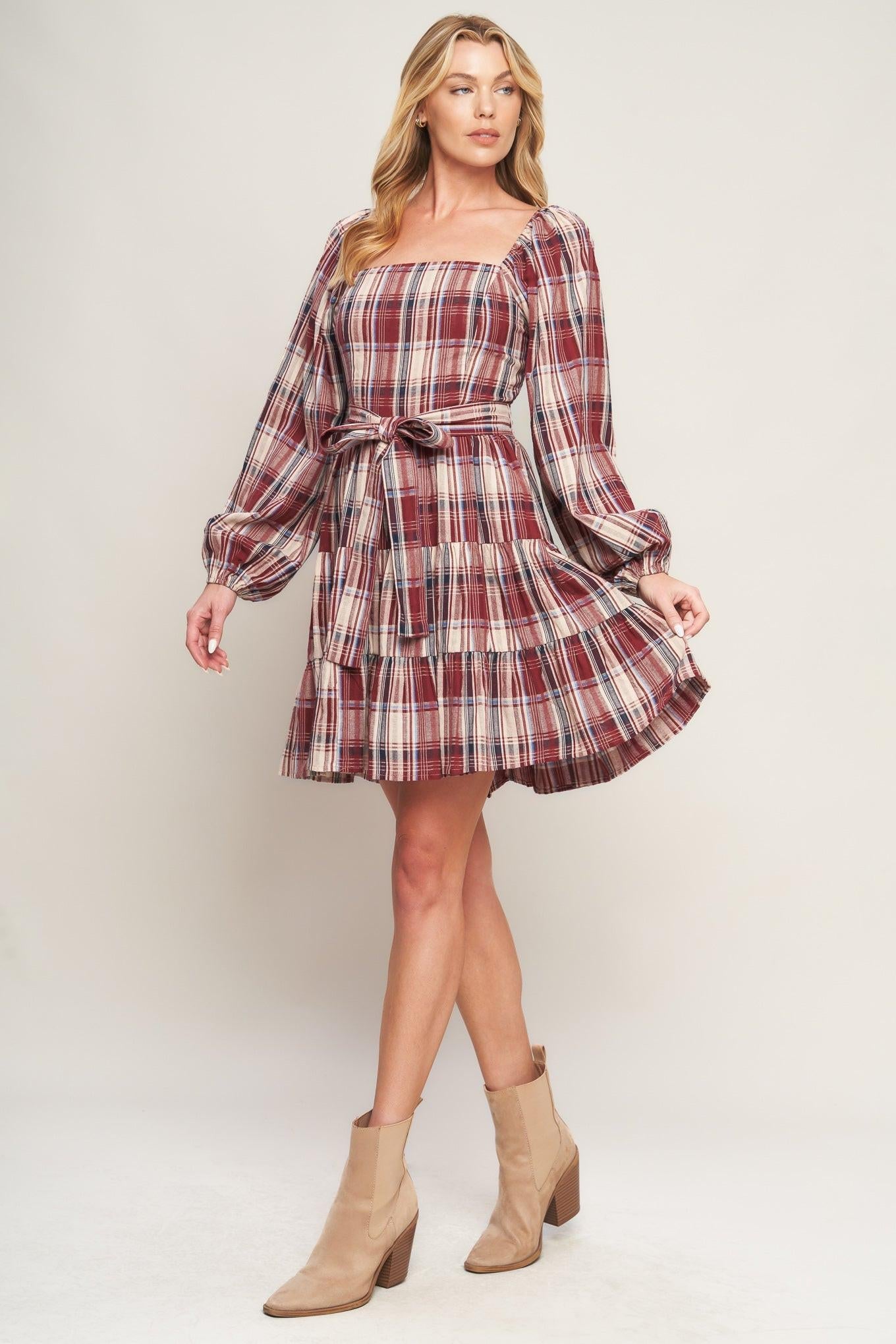 Honey Hug Plaid Mini Dress in burgundy, view 3 — Soul Flow Apparel