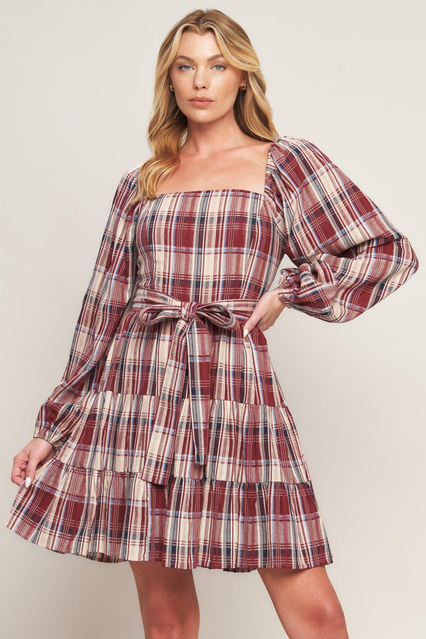 Honey Hug Plaid Mini Dress in burgundy, view 5 — Soul Flow Apparel