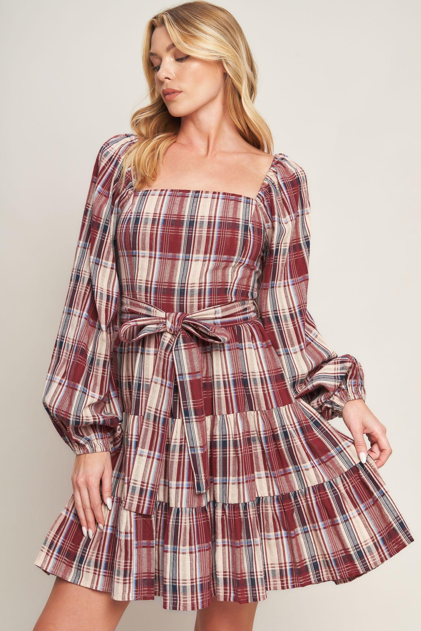 Honey Hug Plaid Mini Dress in burgundy, view 7 — Soul Flow Apparel