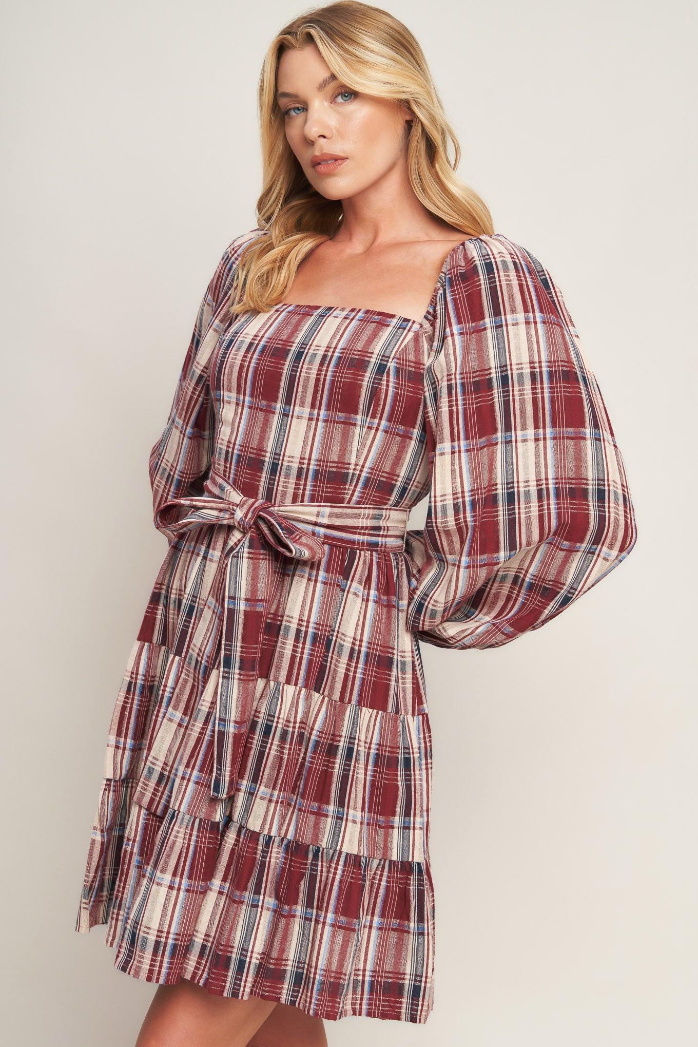 Honey Hug Plaid Mini Dress in burgundy, view 8 — Soul Flow Apparel