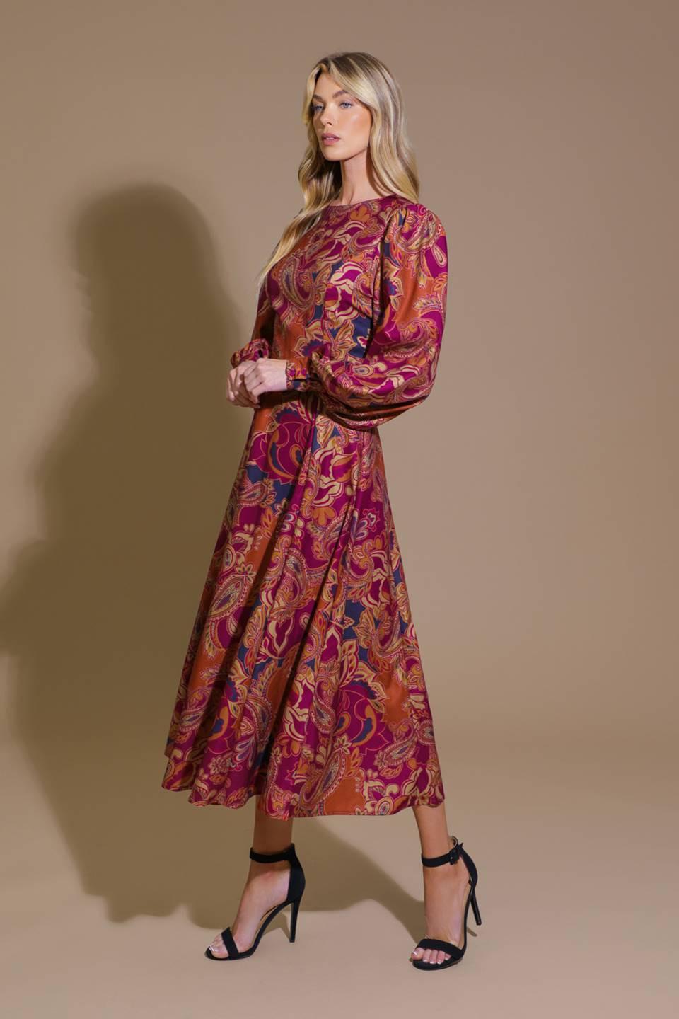 Forevermore Woven Midi Dress in rust magenta, view 3 — Soul Flow Apparel