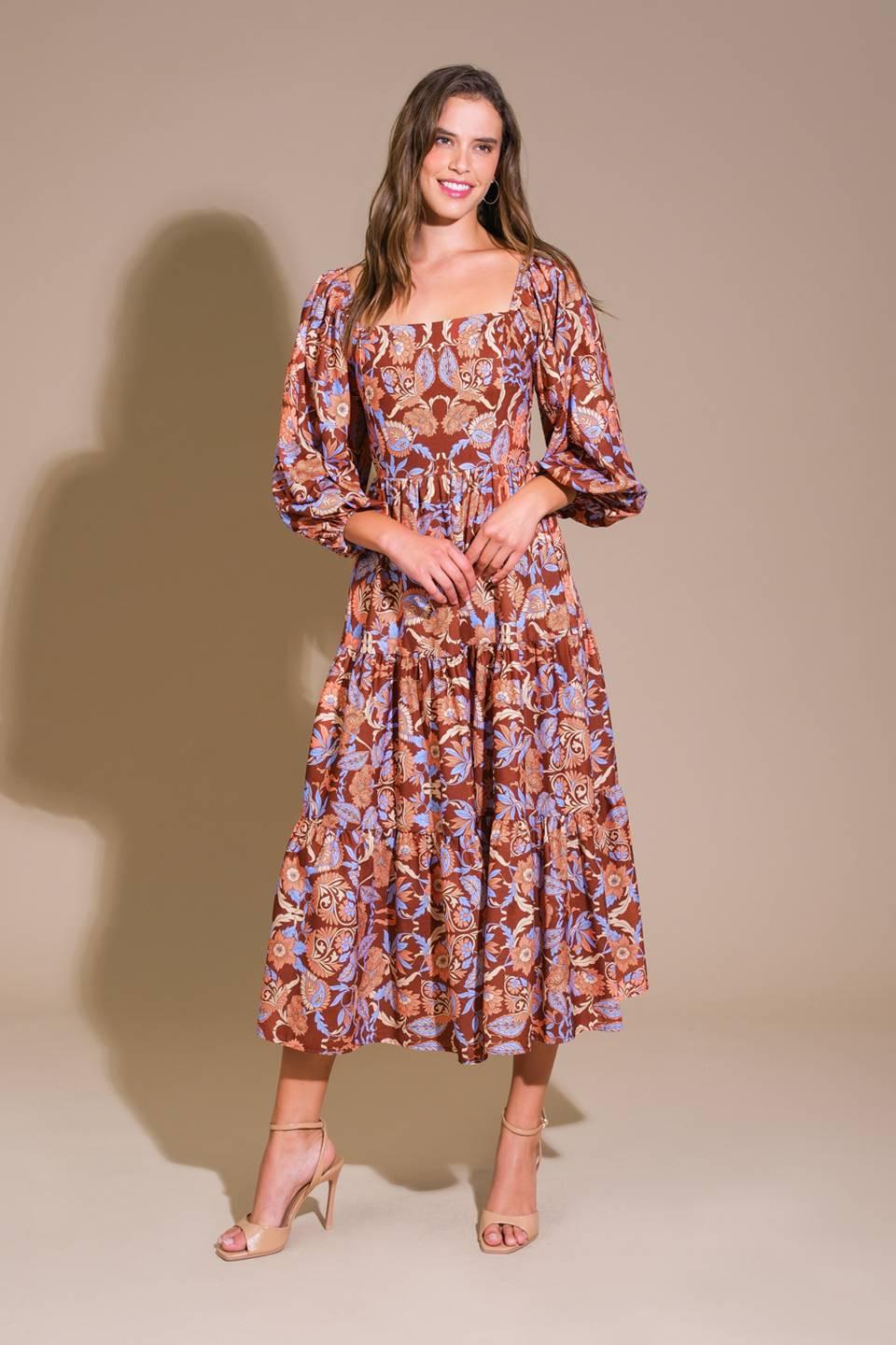 Keepping Tabs Woven Midi Dress in brown blue, view 1 — Soul Flow Apparel