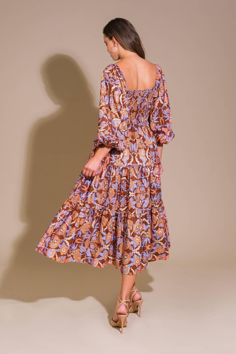 Keepping Tabs Woven Midi Dress in brown blue, view 2 — Soul Flow Apparel