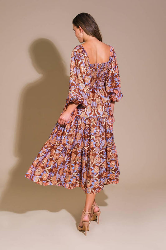 Keepping Tabs Woven Midi Dress in brown blue, view 2 — Soul Flow Apparel