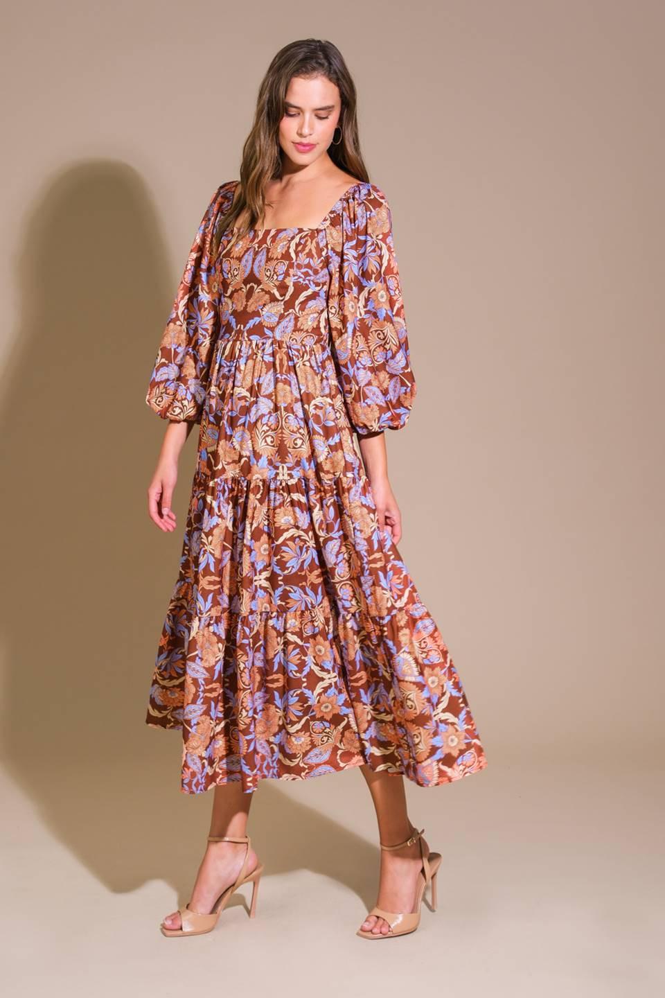 Keepping Tabs Woven Midi Dress in brown blue, view 3 — Soul Flow Apparel