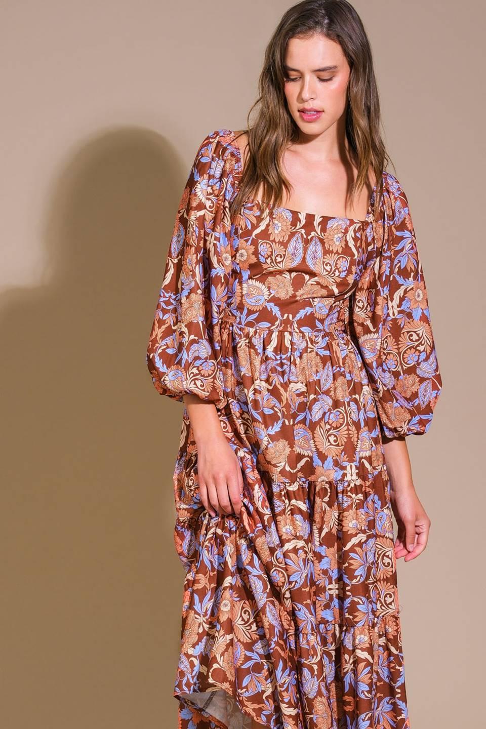 Keepping Tabs Woven Midi Dress in brown blue, view 4 — Soul Flow Apparel