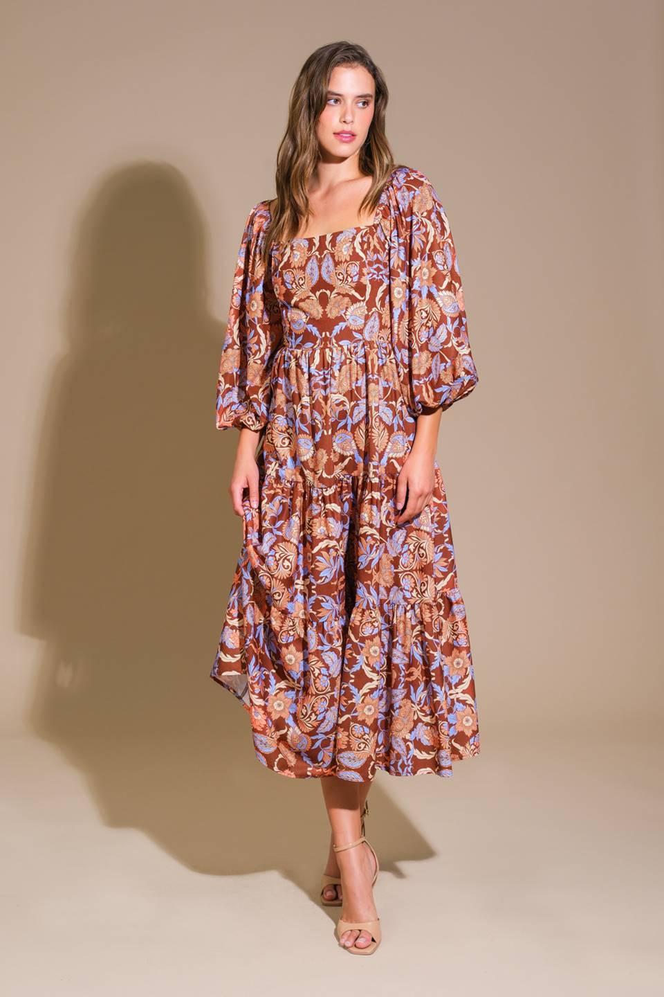Keepping Tabs Woven Midi Dress in brown blue, view 5 — Soul Flow Apparel