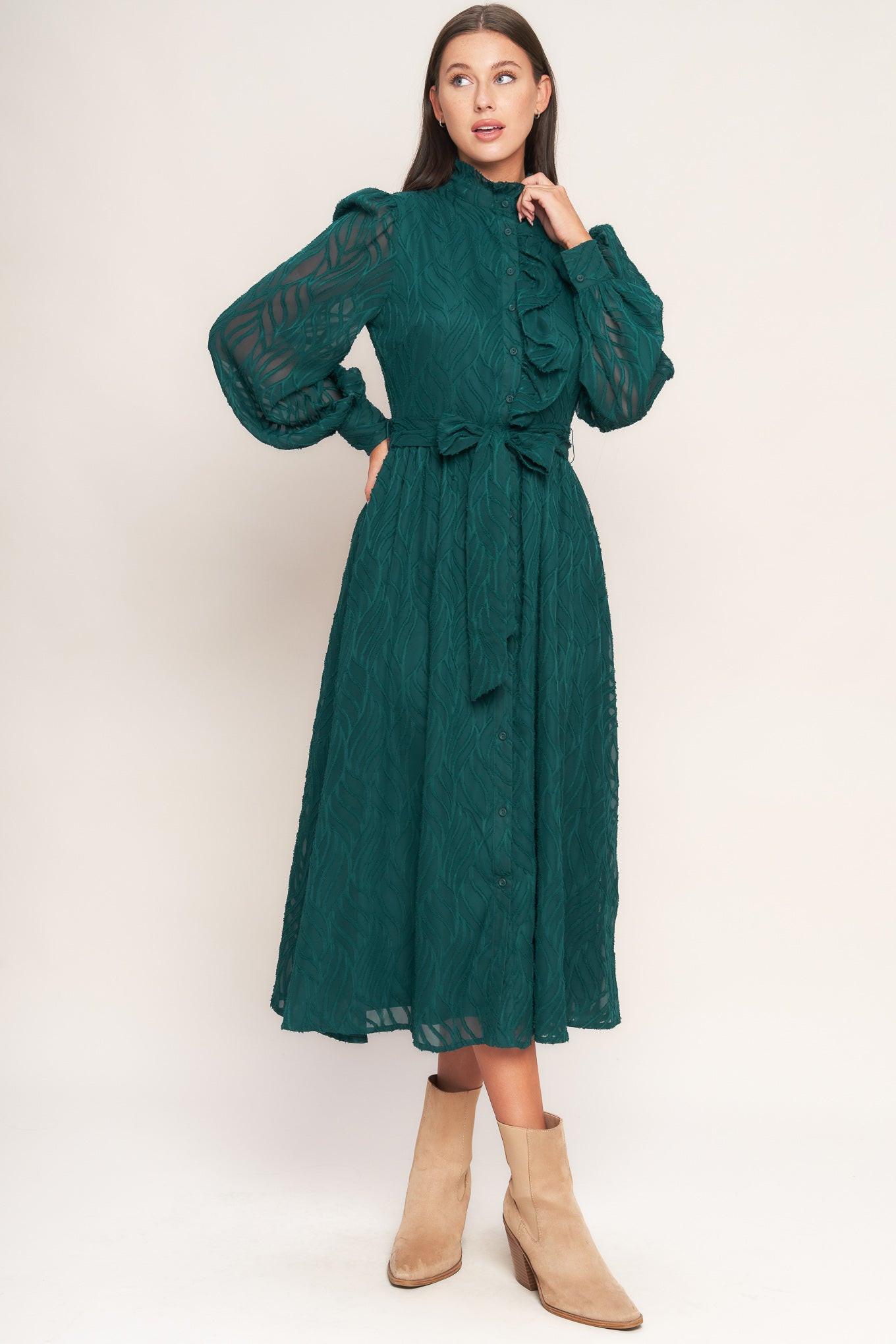Emerald Whisper Woven Midi Dress in dark green, view 1 — Soul Flow Apparel