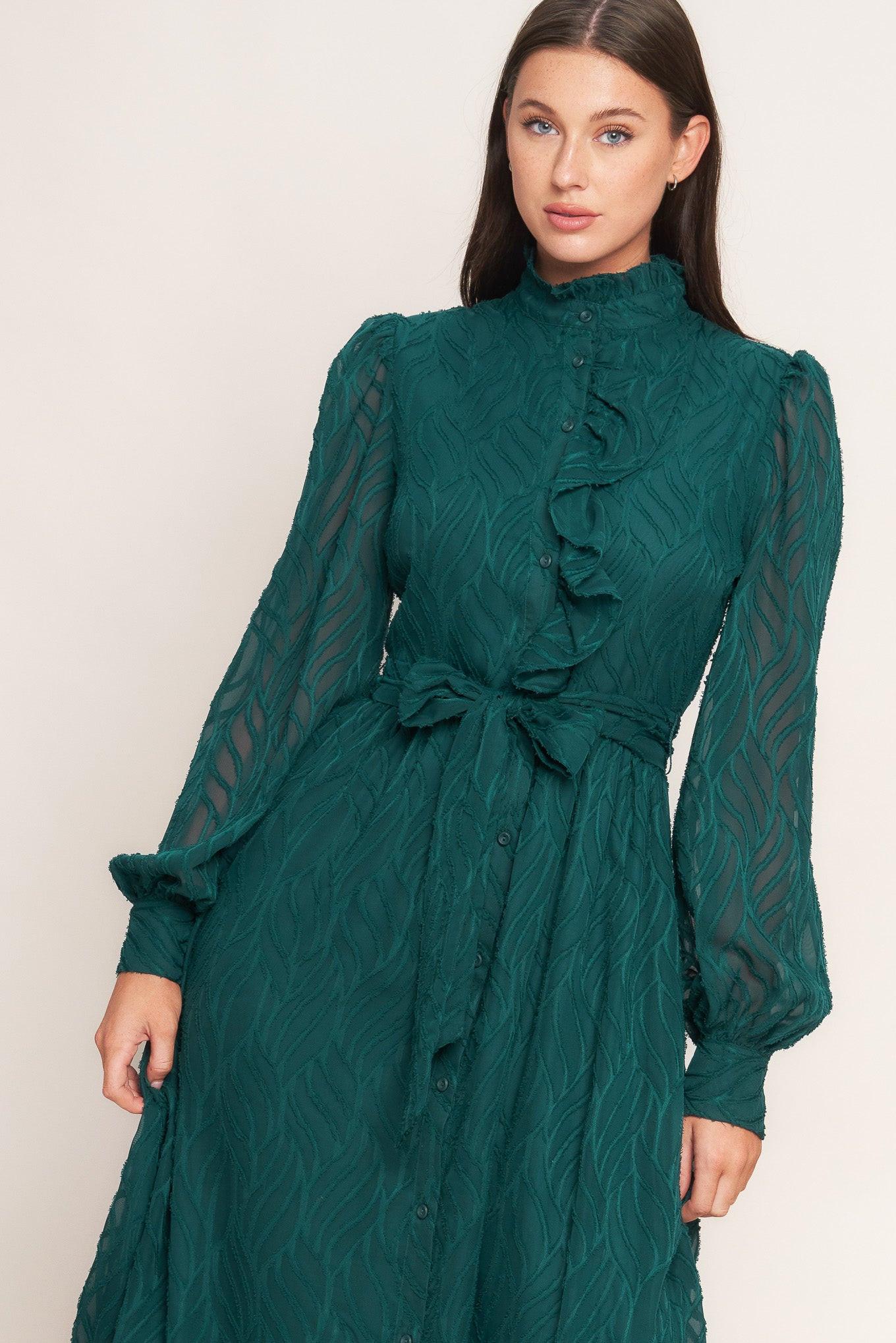 Emerald Whisper Woven Midi Dress in dark green, view 2 — Soul Flow Apparel