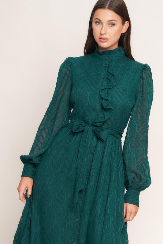 Emerald Whisper Woven Midi Dress in dark green, view 2 — Soul Flow Apparel