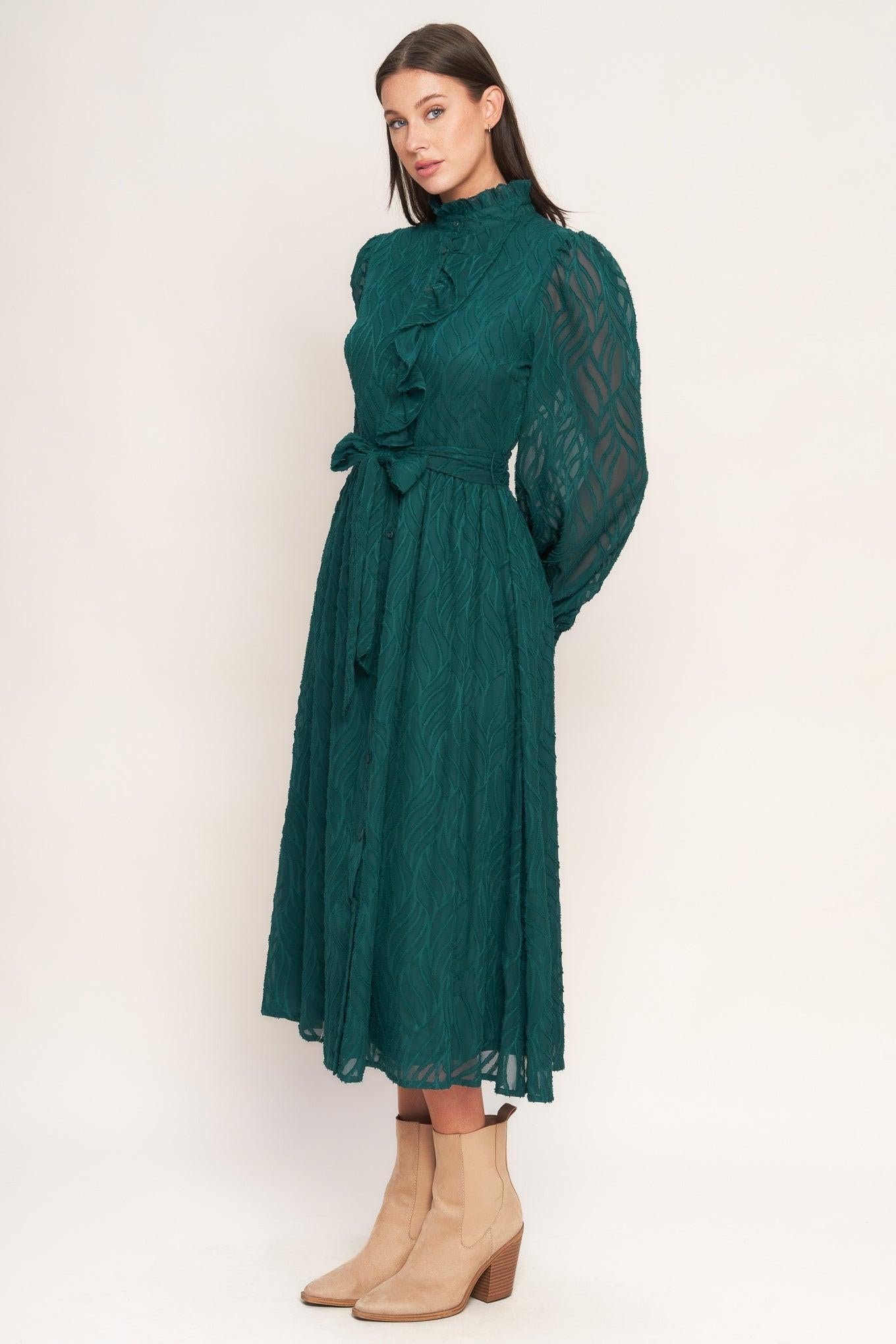 Emerald Whisper Woven Midi Dress in dark green, view 3 — Soul Flow Apparel