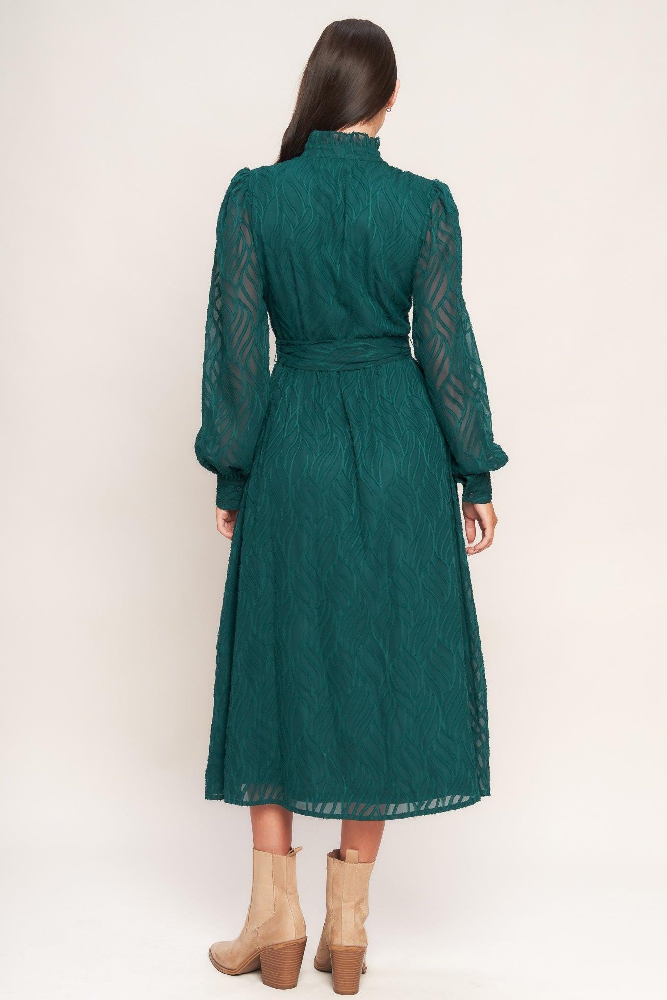 Emerald Whisper Woven Midi Dress in dark green, view 4 — Soul Flow Apparel