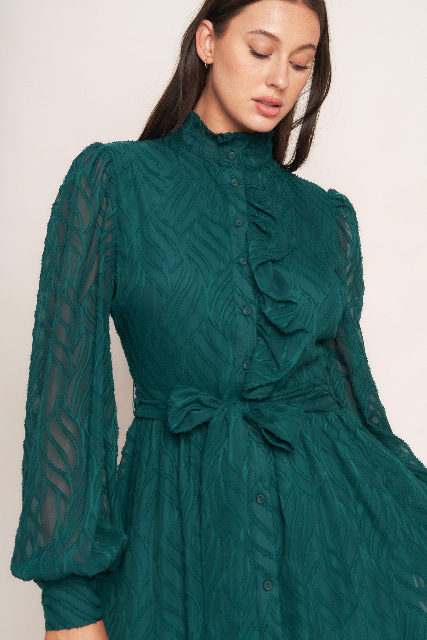 Emerald Whisper Woven Midi Dress in dark green, view 5 — Soul Flow Apparel