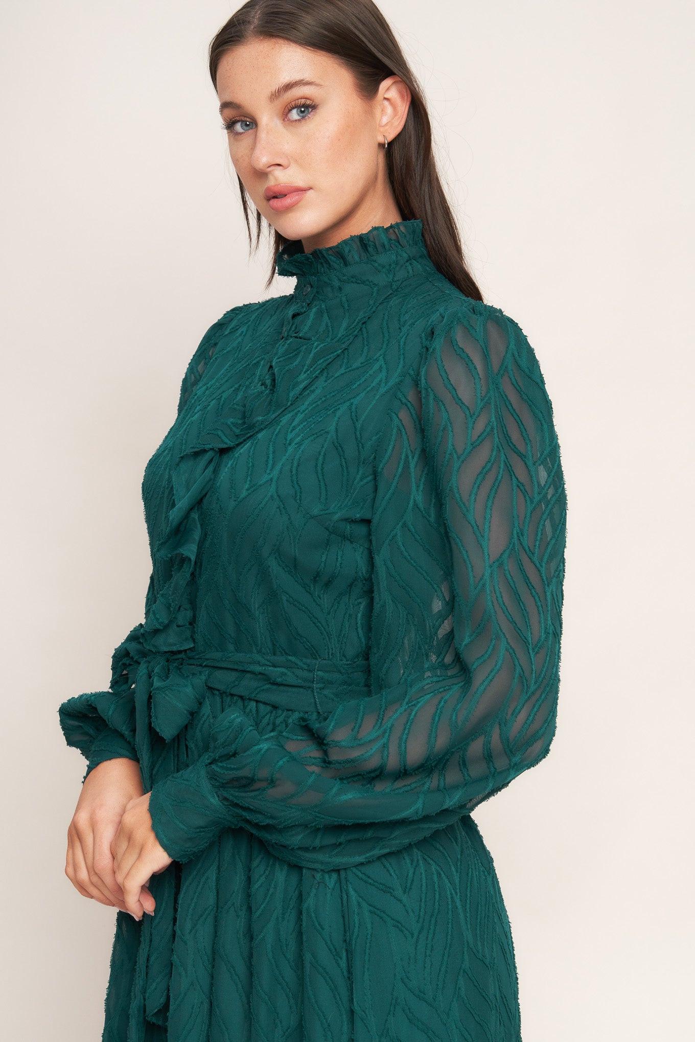 Emerald Whisper Woven Midi Dress in dark green, view 6 — Soul Flow Apparel
