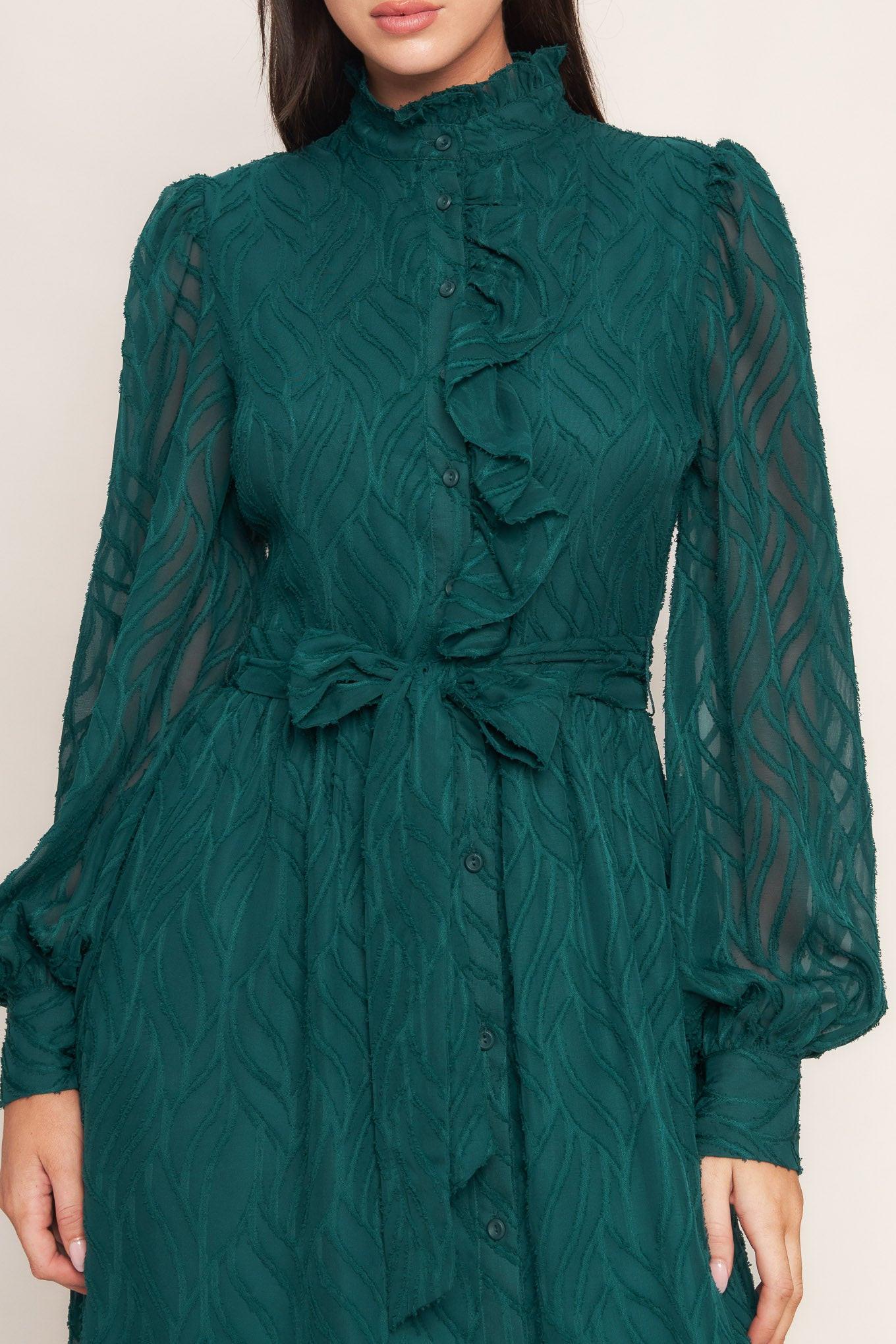 Emerald Whisper Woven Midi Dress in dark green, view 7 — Soul Flow Apparel