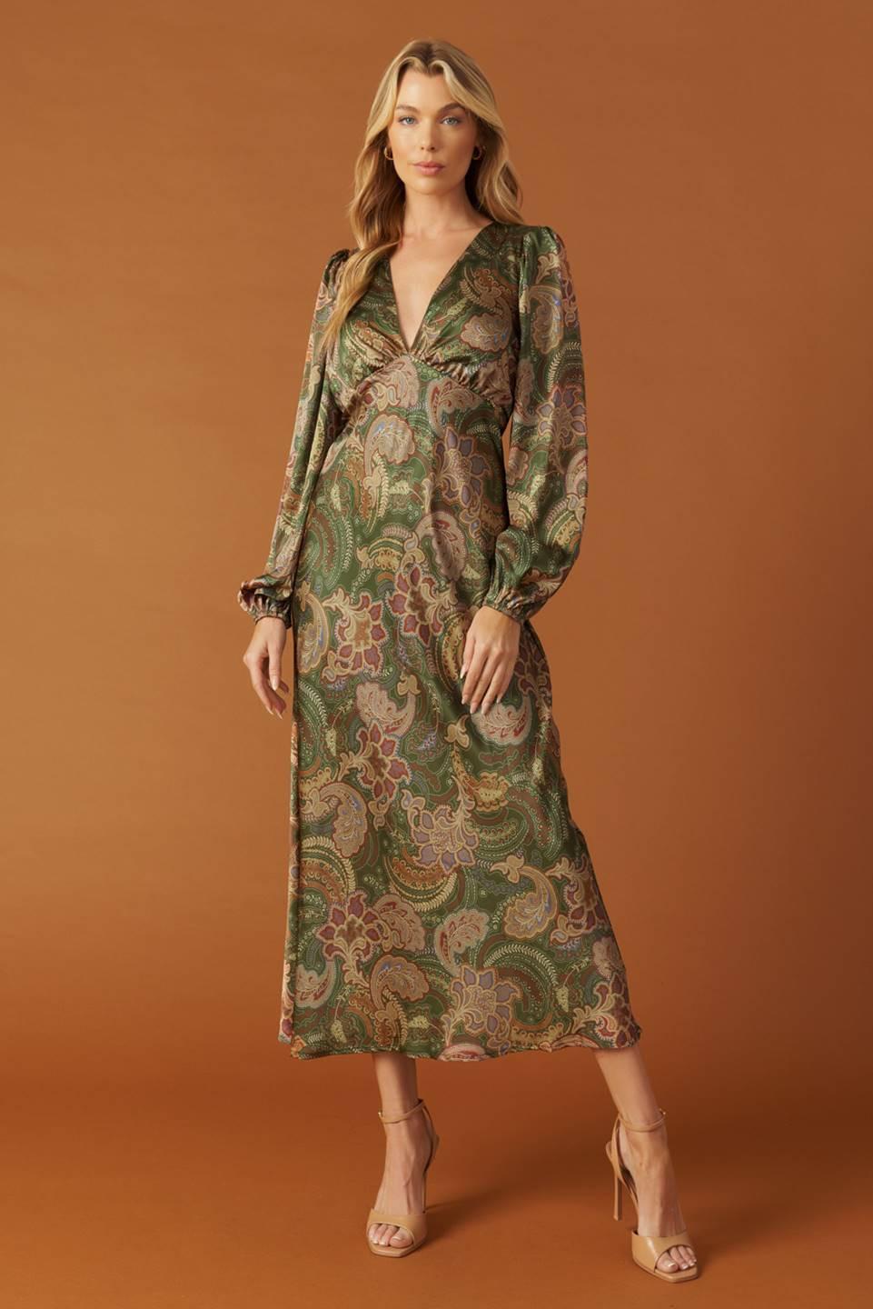 Stick Season Woven Midi Dress in olive, view 1 — Soul Flow Apparel