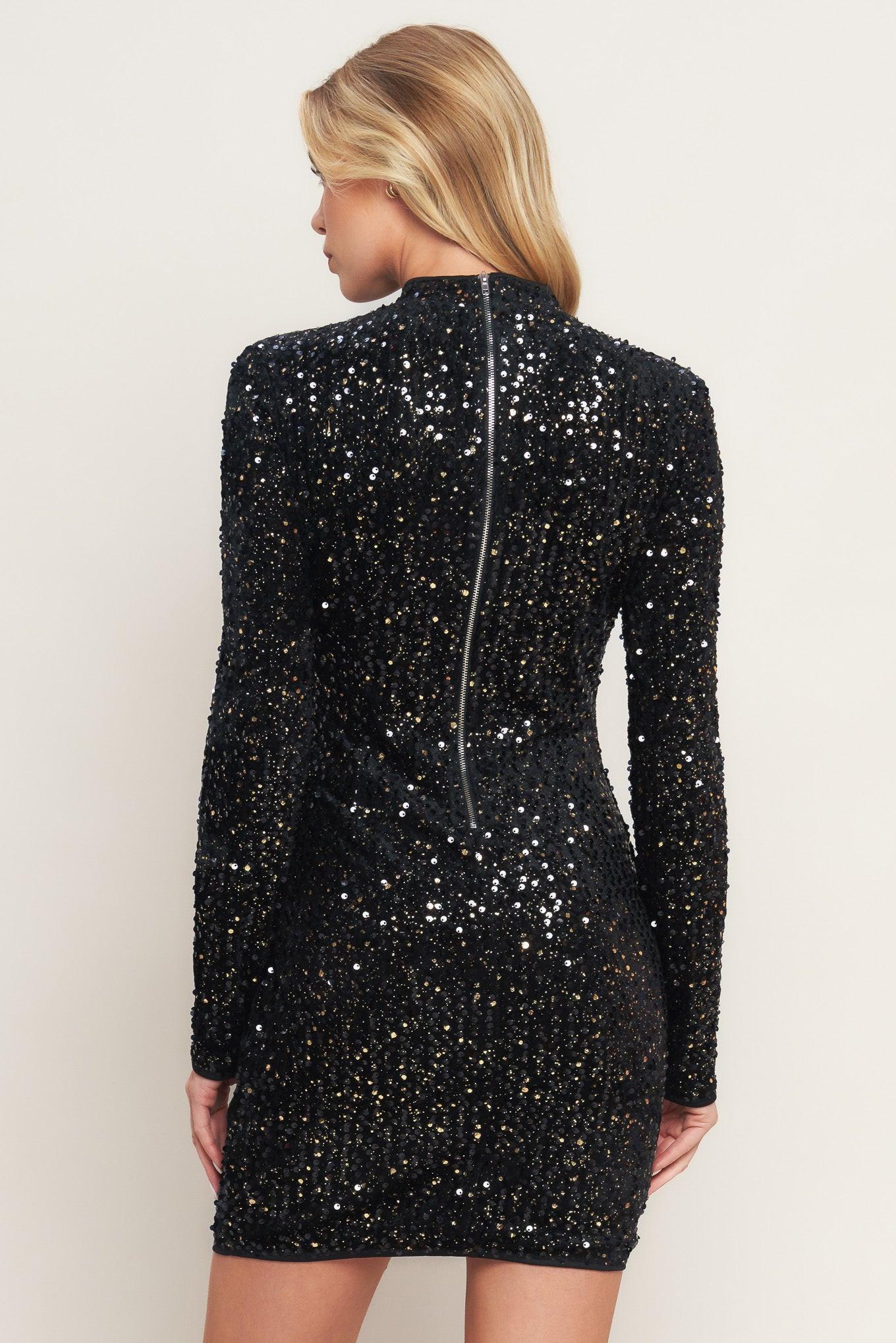 Whims of Fate Sequin Mini Dress in black, view 2 — Soul Flow Apparel