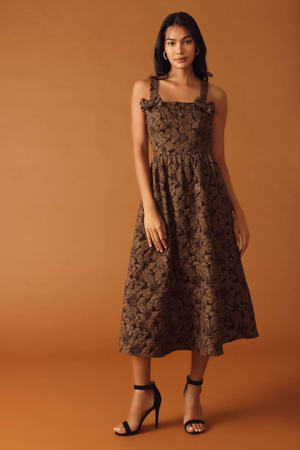 Lost in Time Woven Midi Dress in brown, view 1 — Soul Flow Apparel