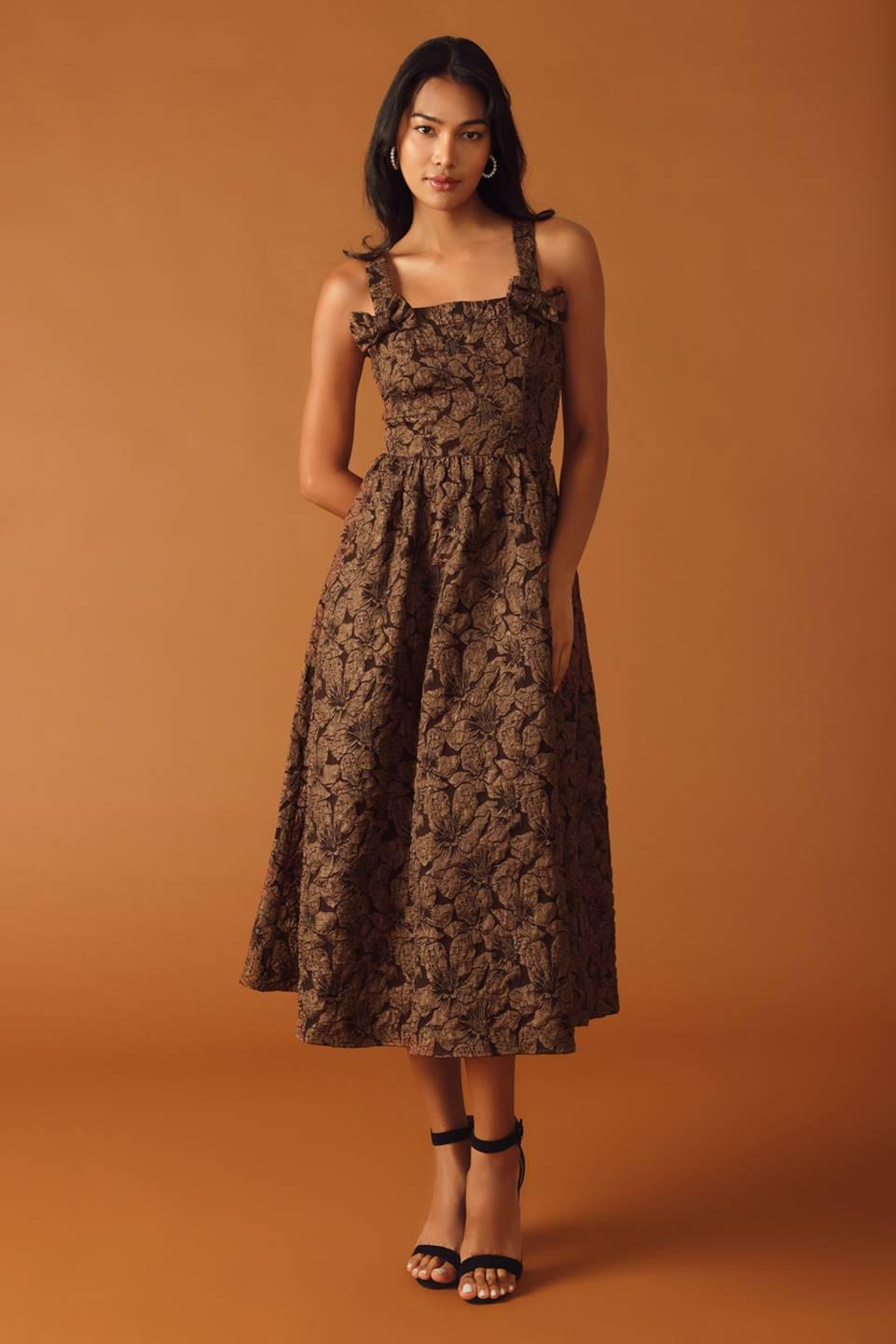 Lost in Time Woven Midi Dress in brown, view 2 — Soul Flow Apparel