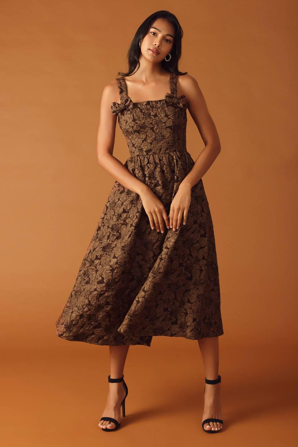 Lost in Time Woven Midi Dress in brown, view 3 — Soul Flow Apparel