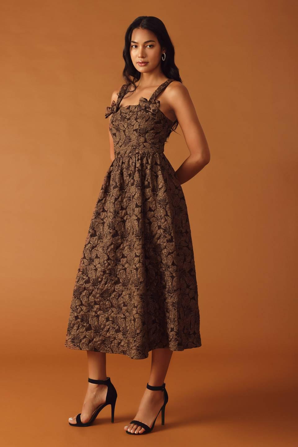 Lost in Time Woven Midi Dress in brown, view 6 — Soul Flow Apparel