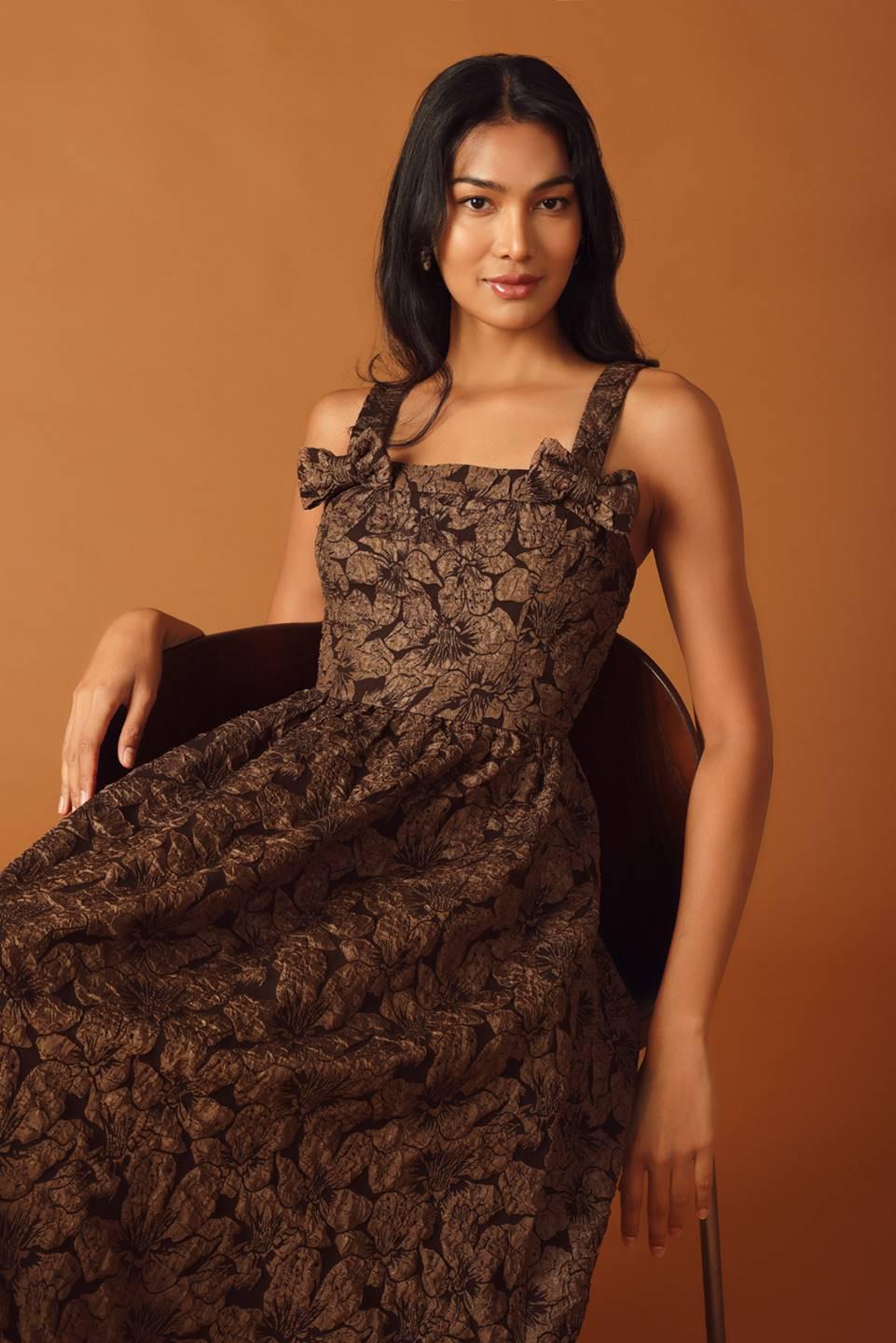Lost in Time Woven Midi Dress in brown, view 8 — Soul Flow Apparel