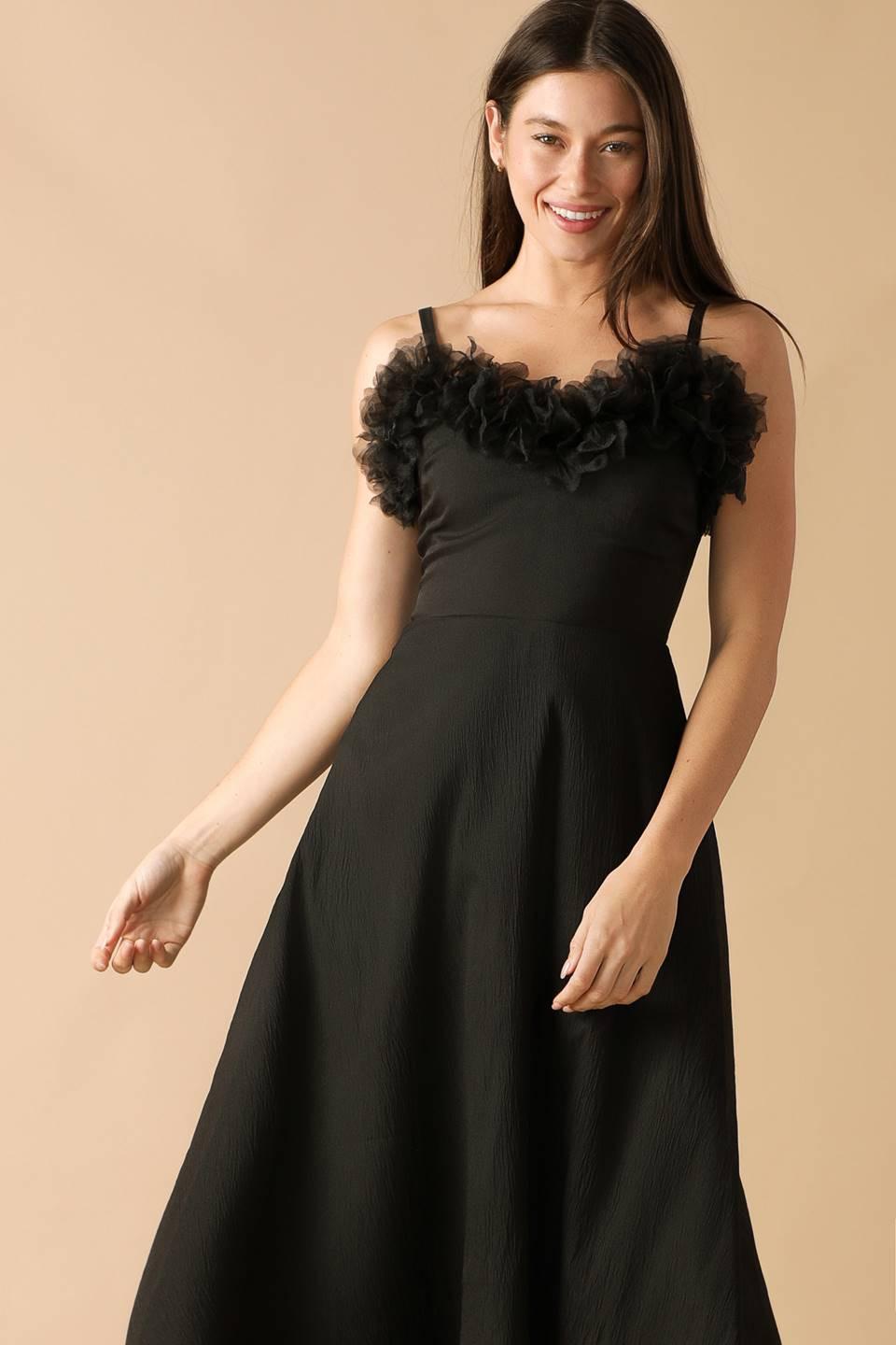 Whispering Pines Woven Midi Dress in black, view 1 — Soul Flow Apparel