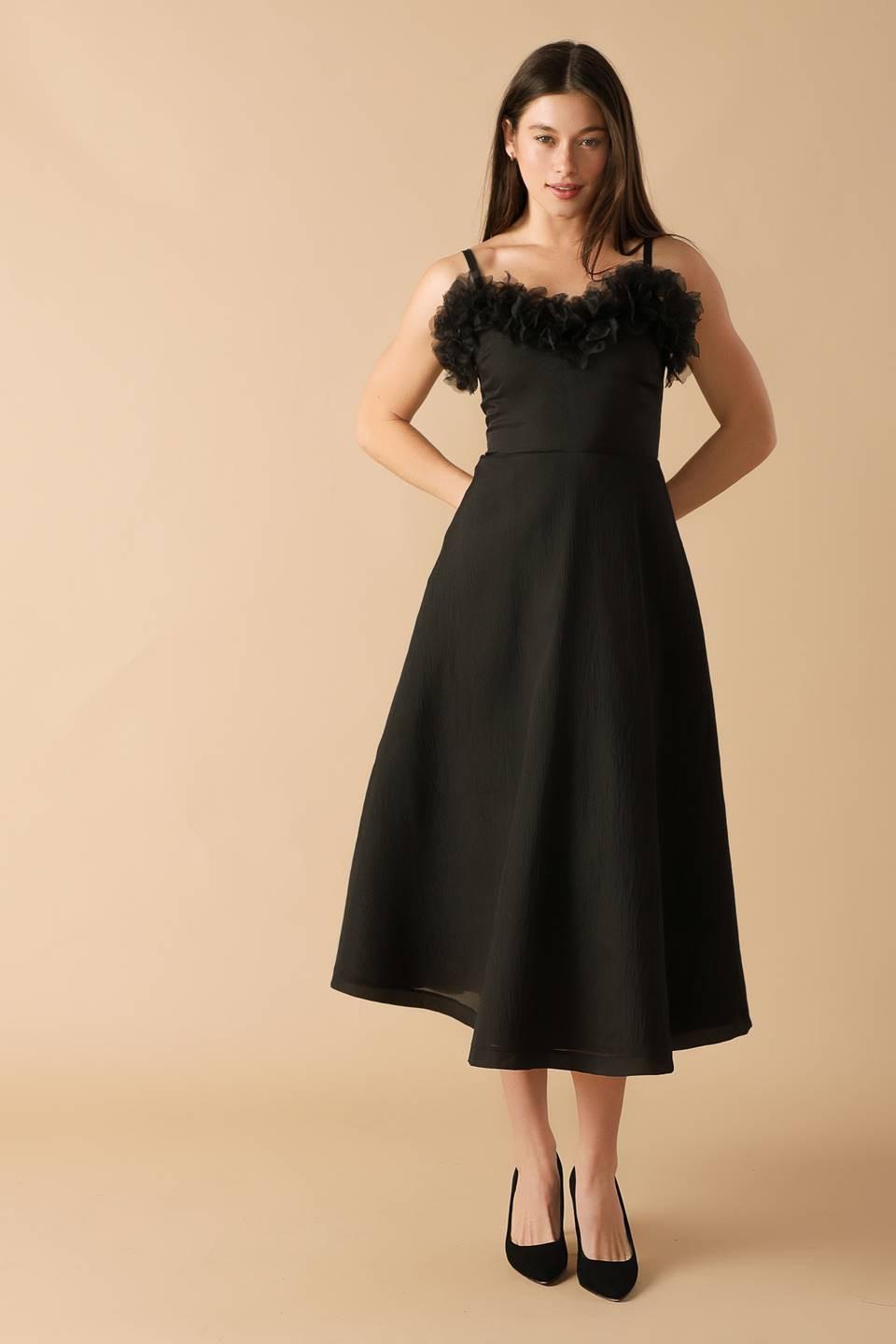 Whispering Pines Woven Midi Dress in black, view 2 — Soul Flow Apparel
