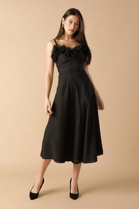 Whispering Pines Woven Midi Dress in black, view 3 — Soul Flow Apparel