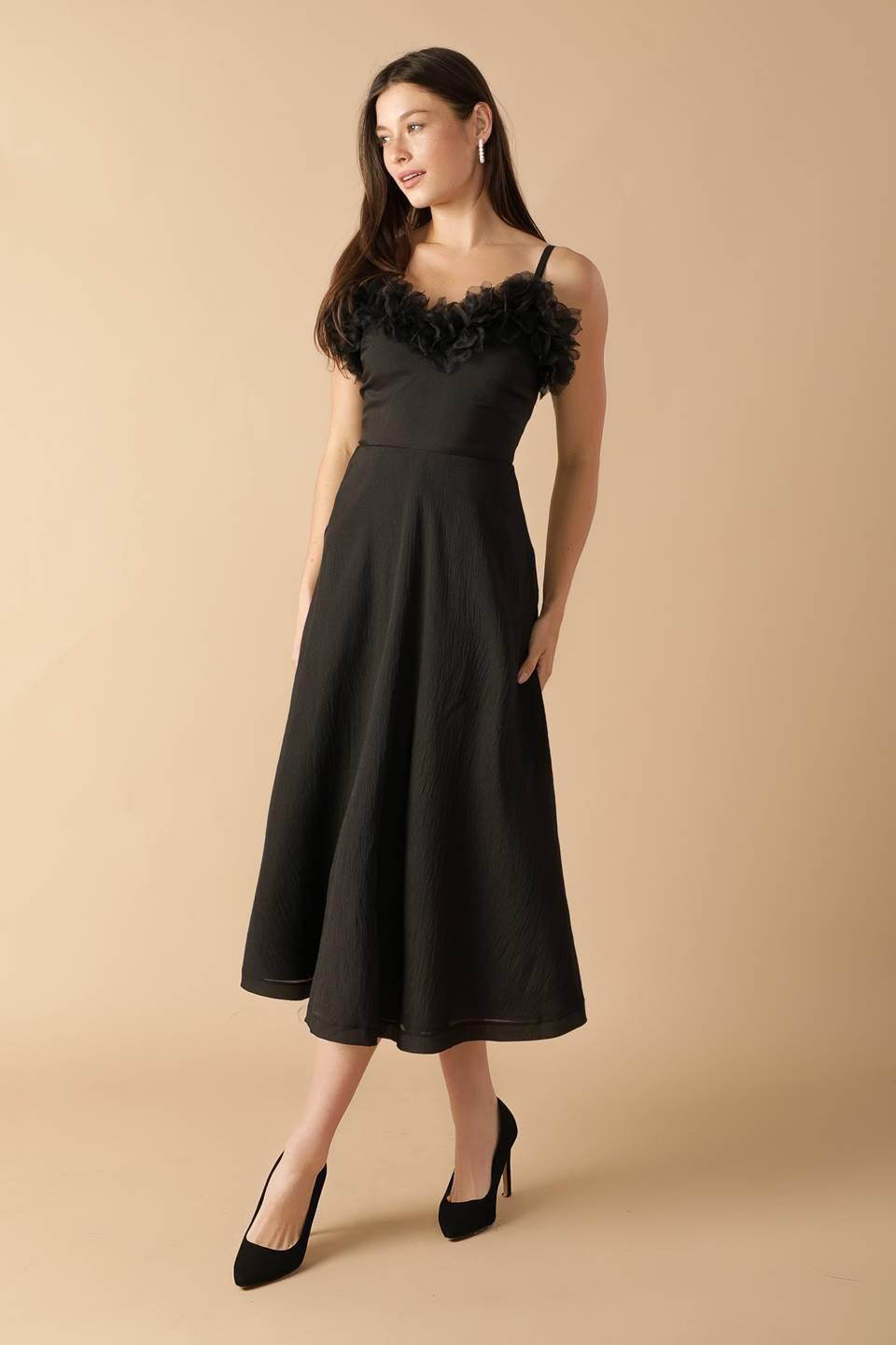 Whispering Pines Woven Midi Dress in black, view 4 — Soul Flow Apparel