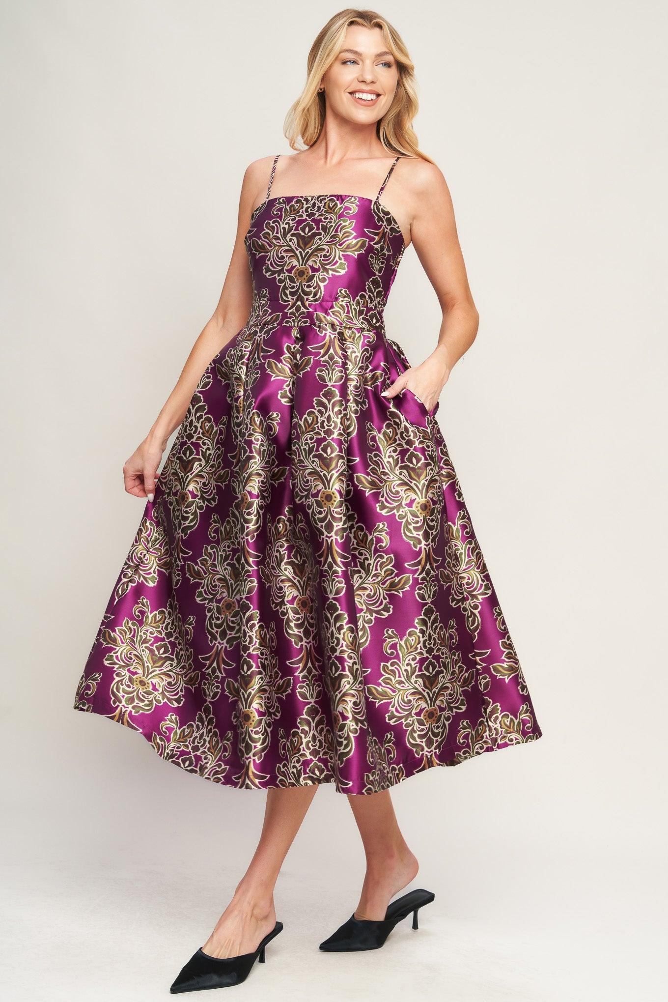 Along the Way Woven Midi Dress in berry, view 4 — Soul Flow Apparel