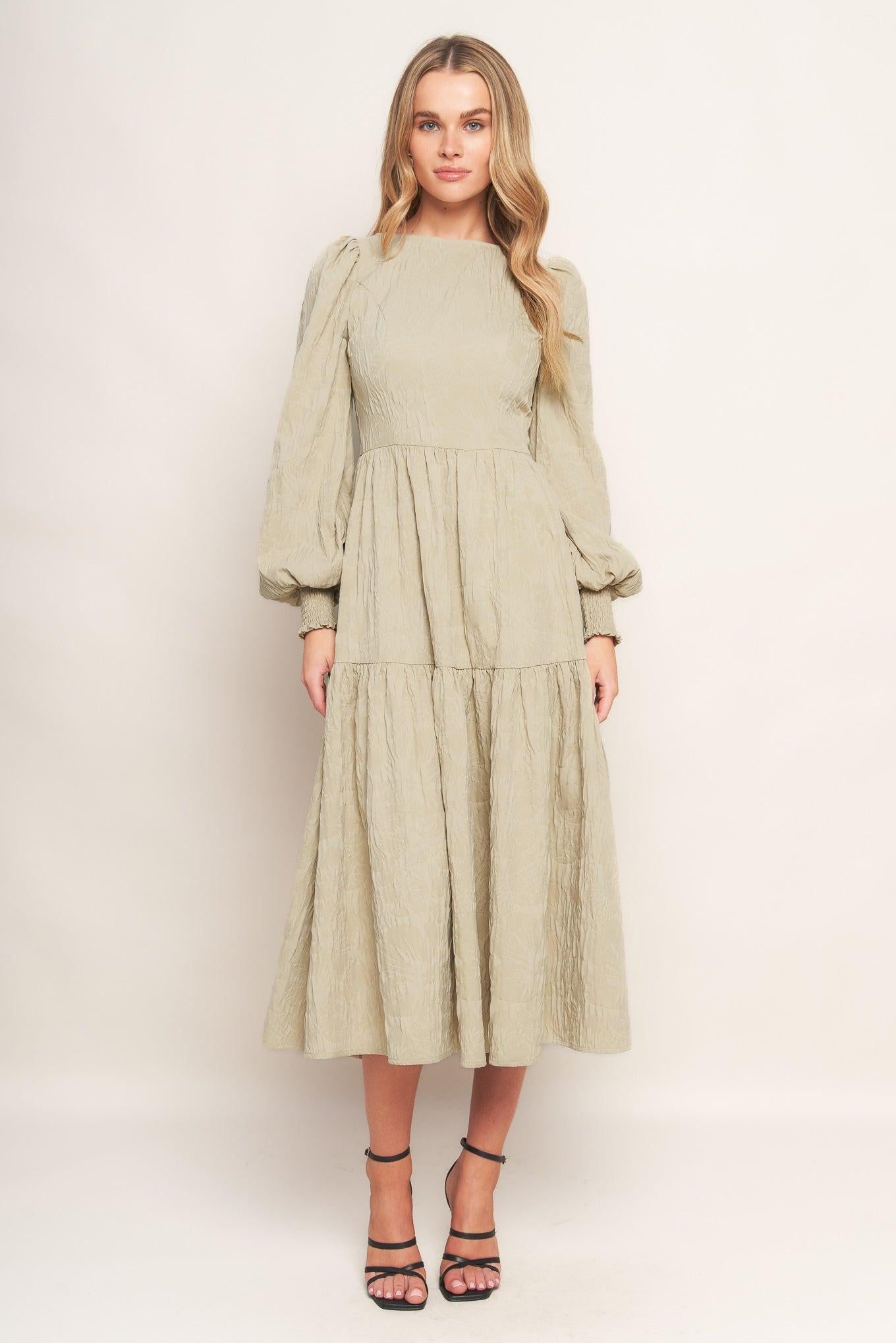 Nebula Nights Woven Midi Dress in taupe, view 1 — Soul Flow Apparel