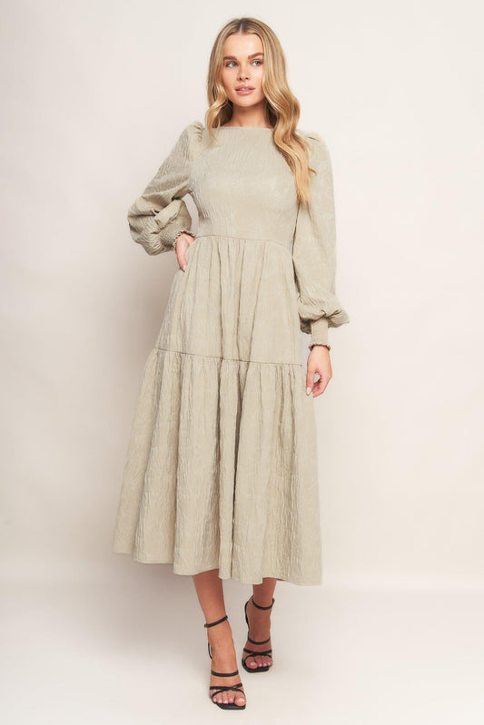 Nebula Nights Woven Midi Dress in taupe, view 2 — Soul Flow Apparel