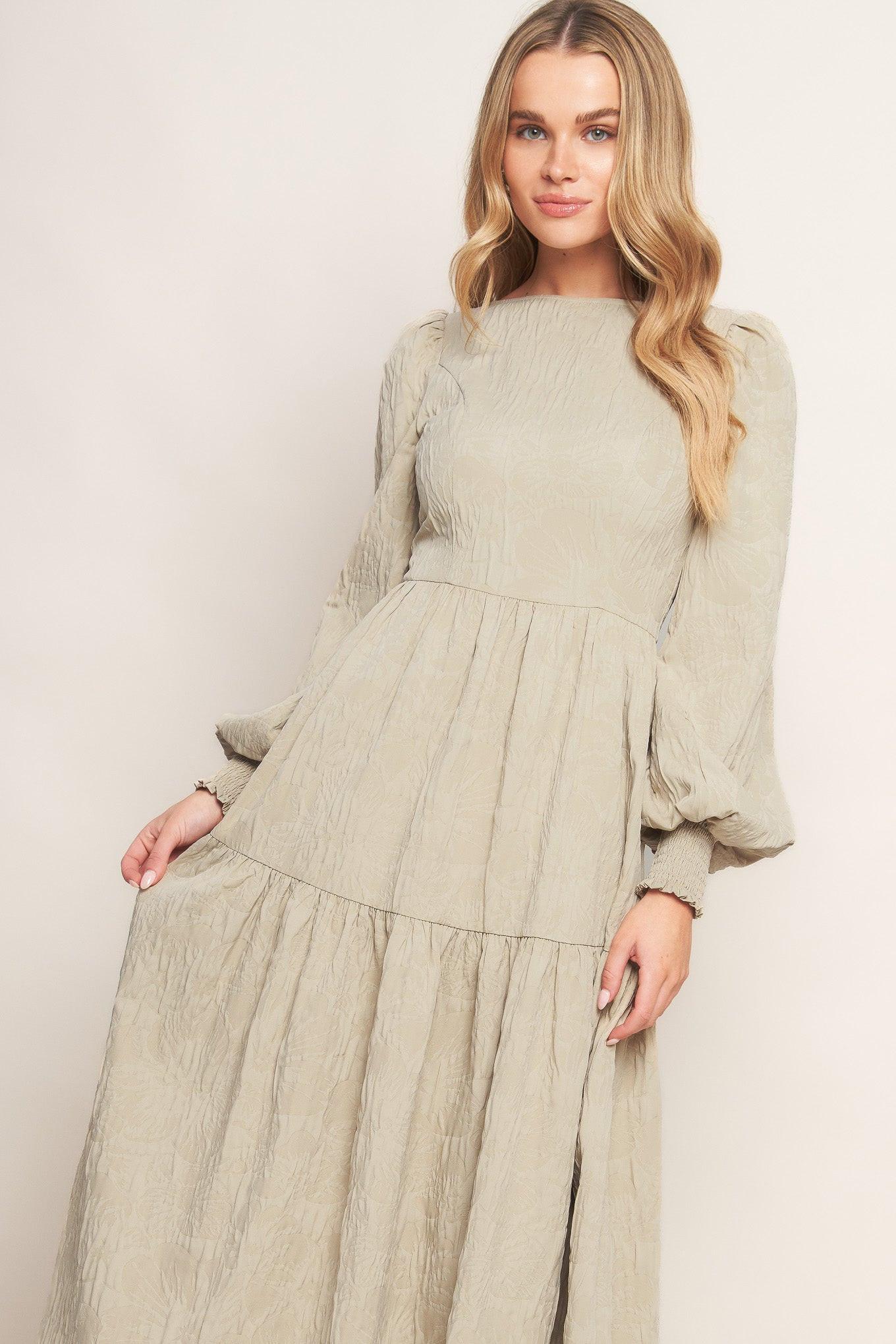 Nebula Nights Woven Midi Dress in taupe, view 3 — Soul Flow Apparel