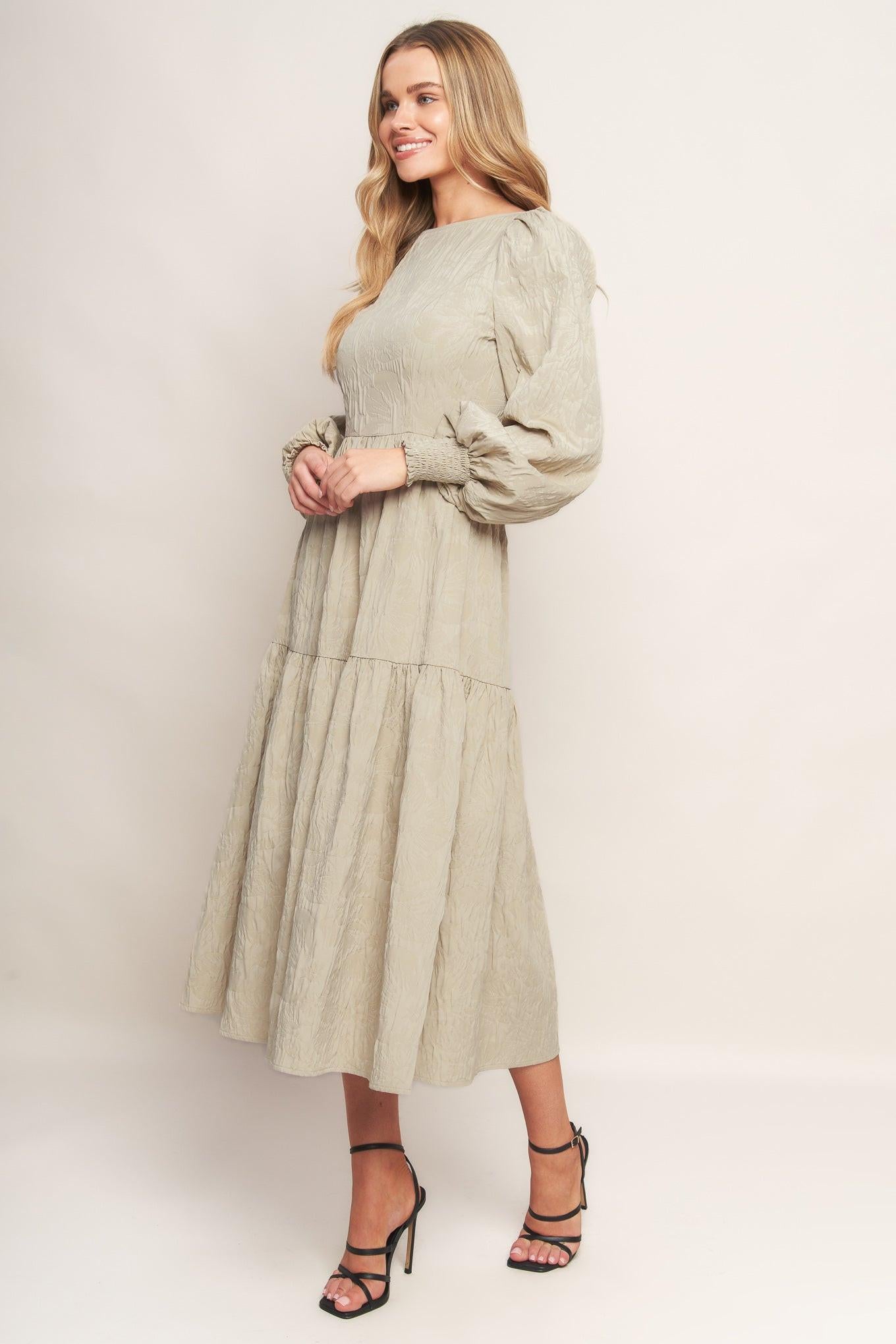 Nebula Nights Woven Midi Dress in taupe, view 4 — Soul Flow Apparel