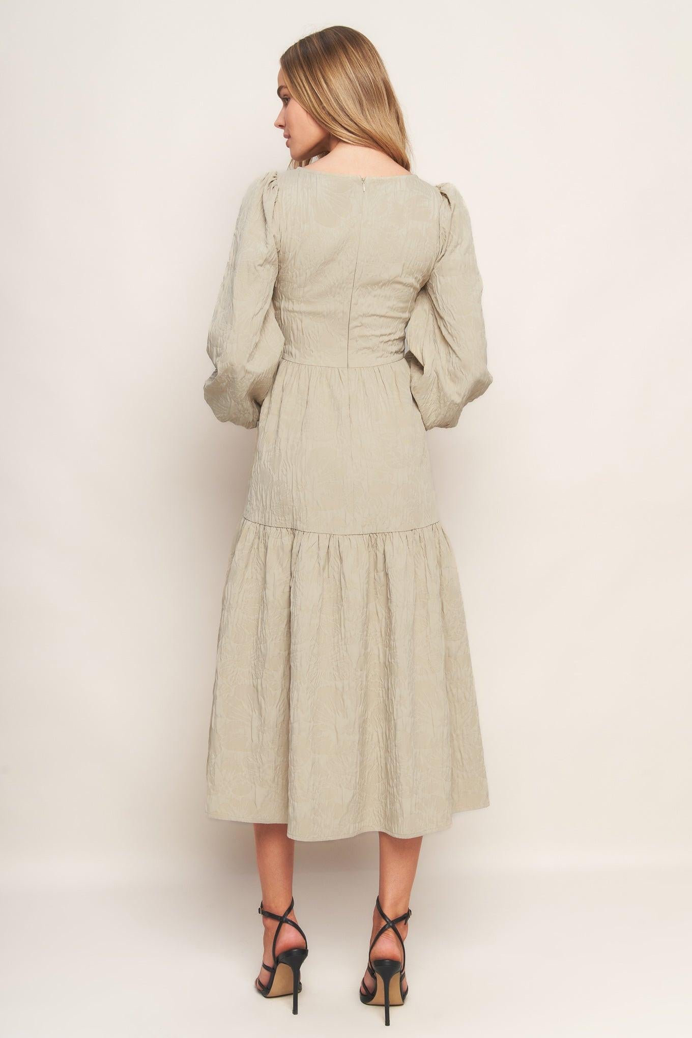 Nebula Nights Woven Midi Dress in taupe, view 5 — Soul Flow Apparel