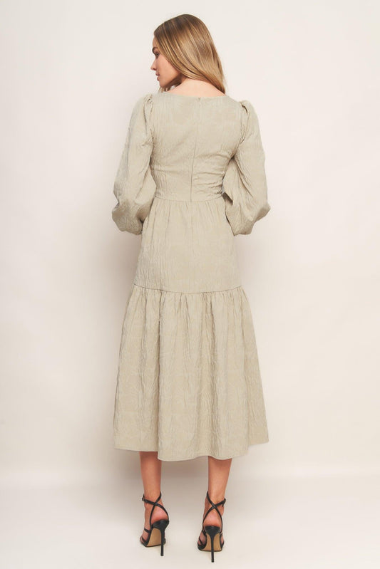 Nebula Nights Woven Midi Dress in taupe, view 5 — Soul Flow Apparel