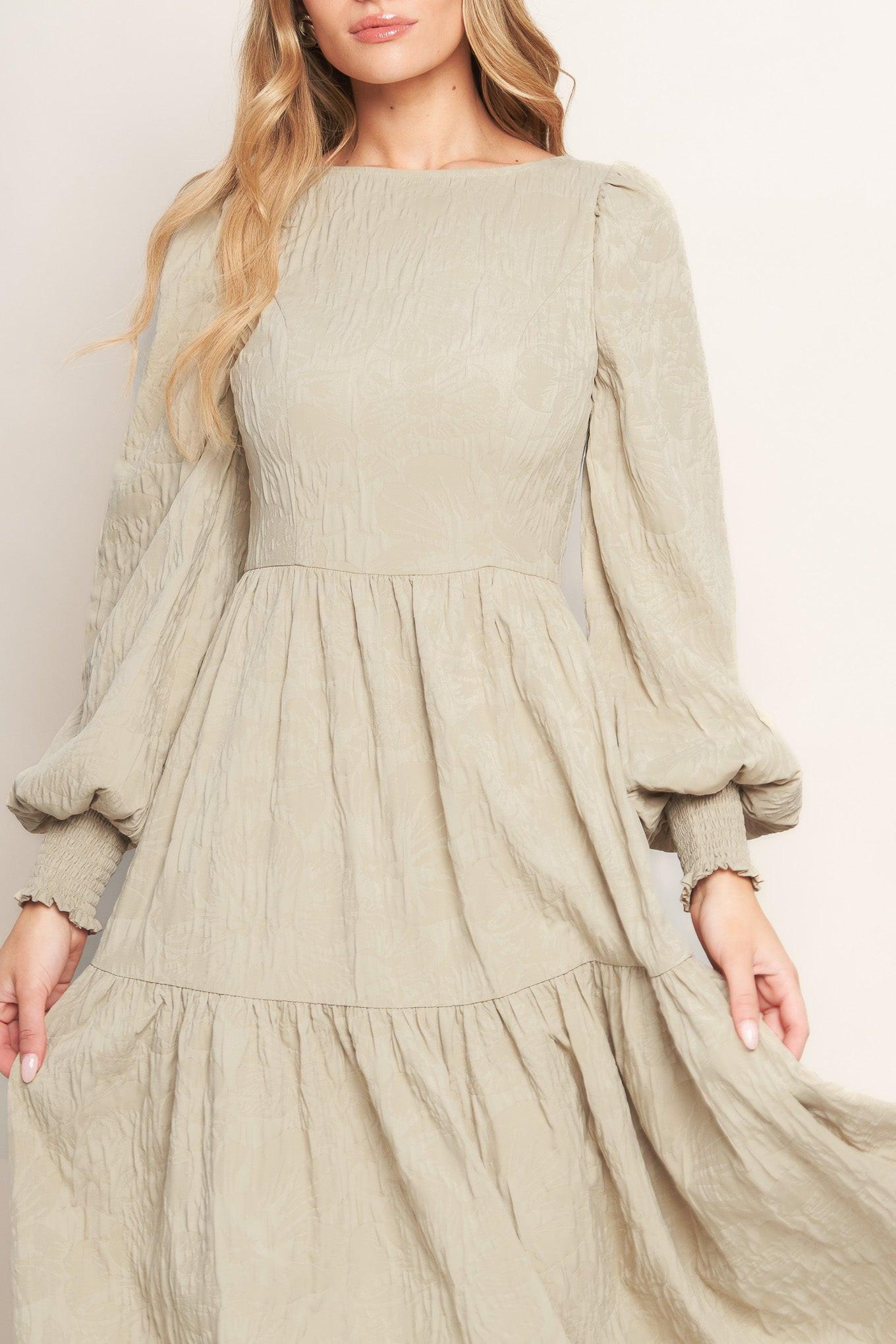 Nebula Nights Woven Midi Dress in taupe, view 6 — Soul Flow Apparel