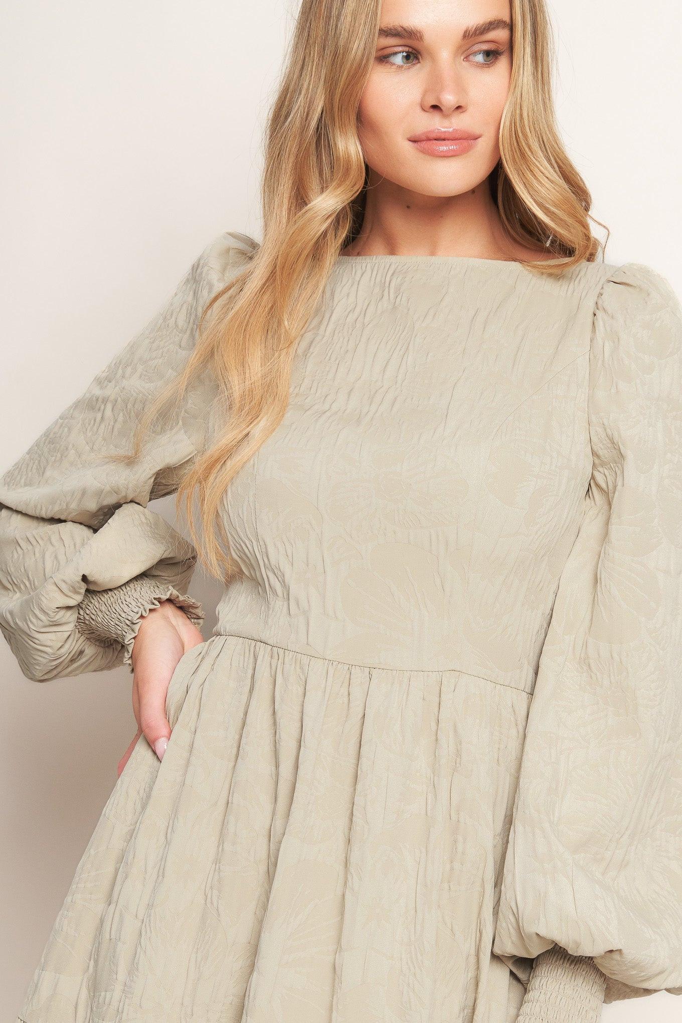 Nebula Nights Woven Midi Dress in taupe, view 7 — Soul Flow Apparel