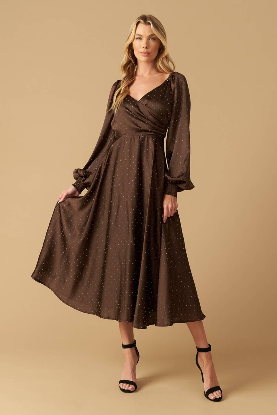 Romantic Lover Embellished Woven Midi Dress in brown, view 1 — Soul Flow Apparel