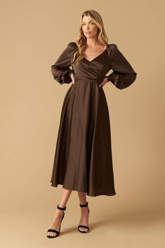 Romantic Lover Embellished Woven Midi Dress in brown, view 2 — Soul Flow Apparel