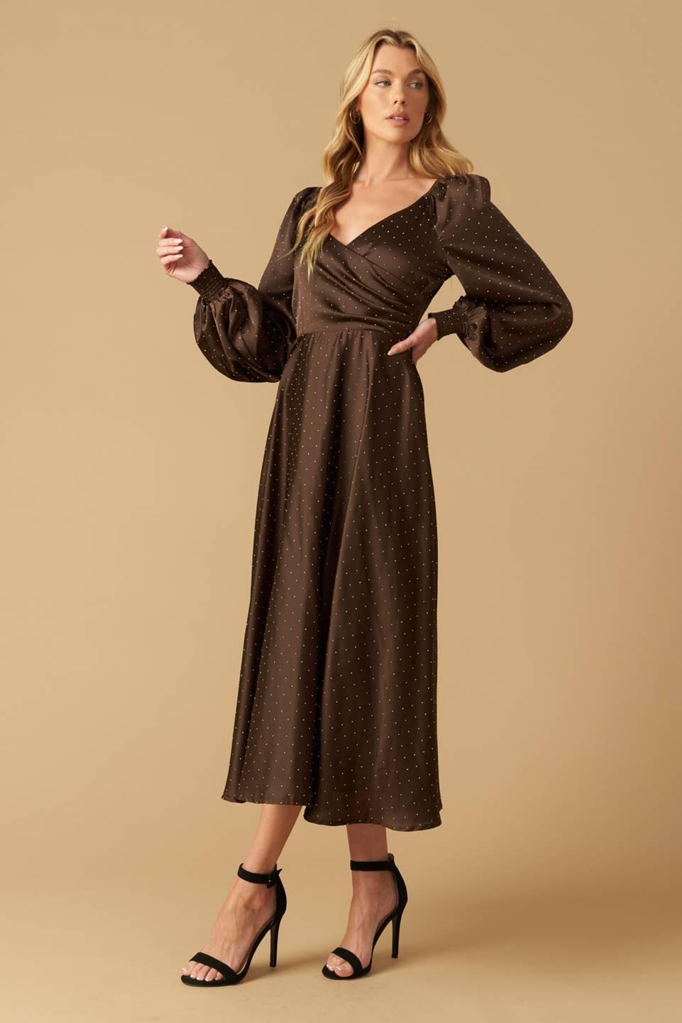 Romantic Lover Embellished Woven Midi Dress in brown, view 3 — Soul Flow Apparel