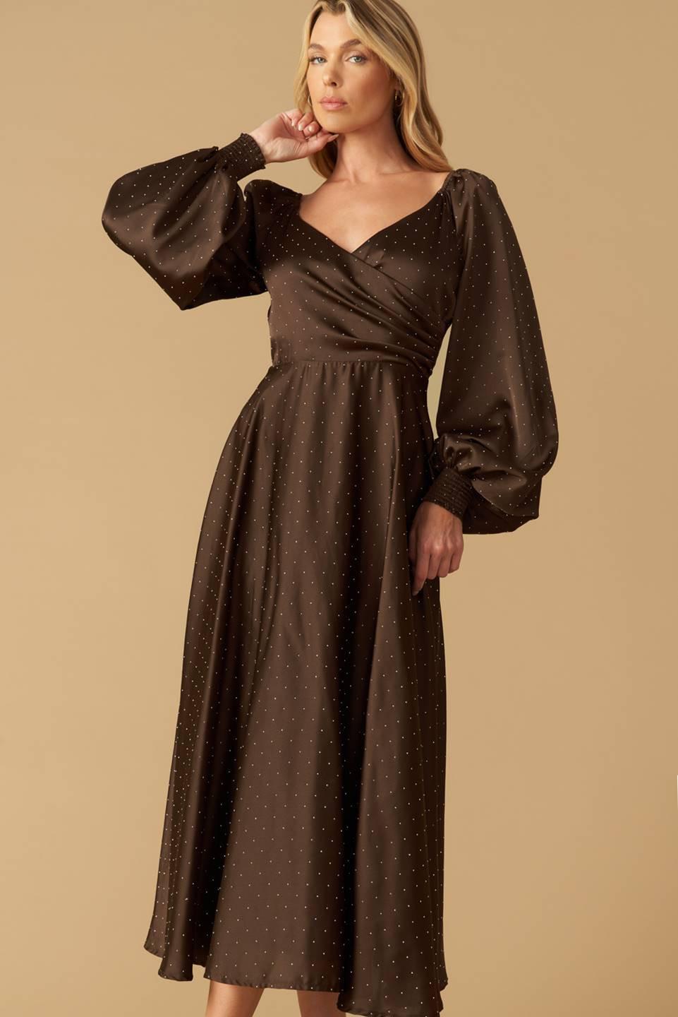 Romantic Lover Embellished Woven Midi Dress in brown, view 5 — Soul Flow Apparel
