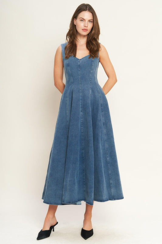 Stars Ahead Denim Midi Dress in medium indigo, view 1 — Soul Flow Apparel