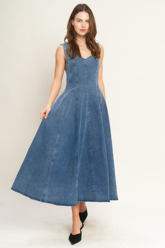 Stars Ahead Denim Midi Dress in medium indigo, view 2 — Soul Flow Apparel