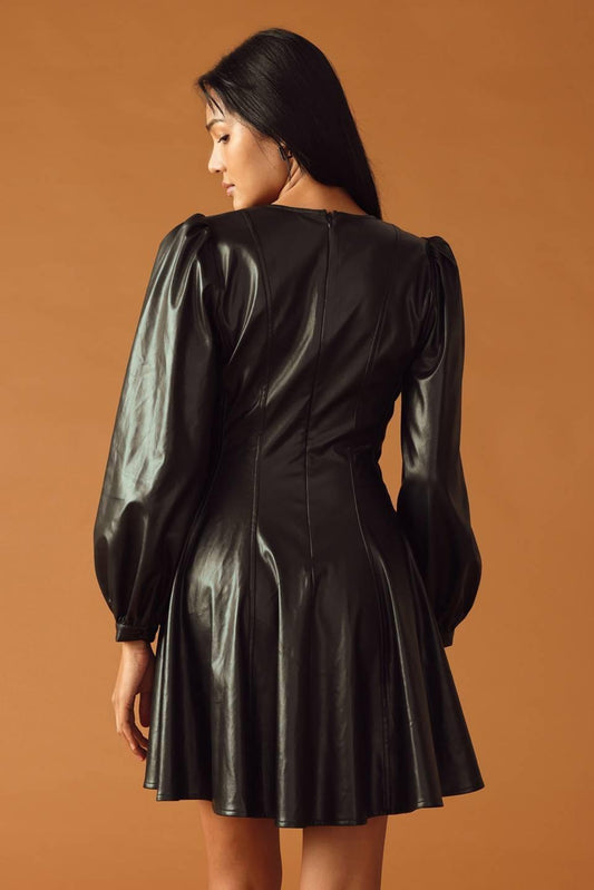 Change of Pace Faux Leather Mini Dress in black, view 6 — Soul Flow Apparel