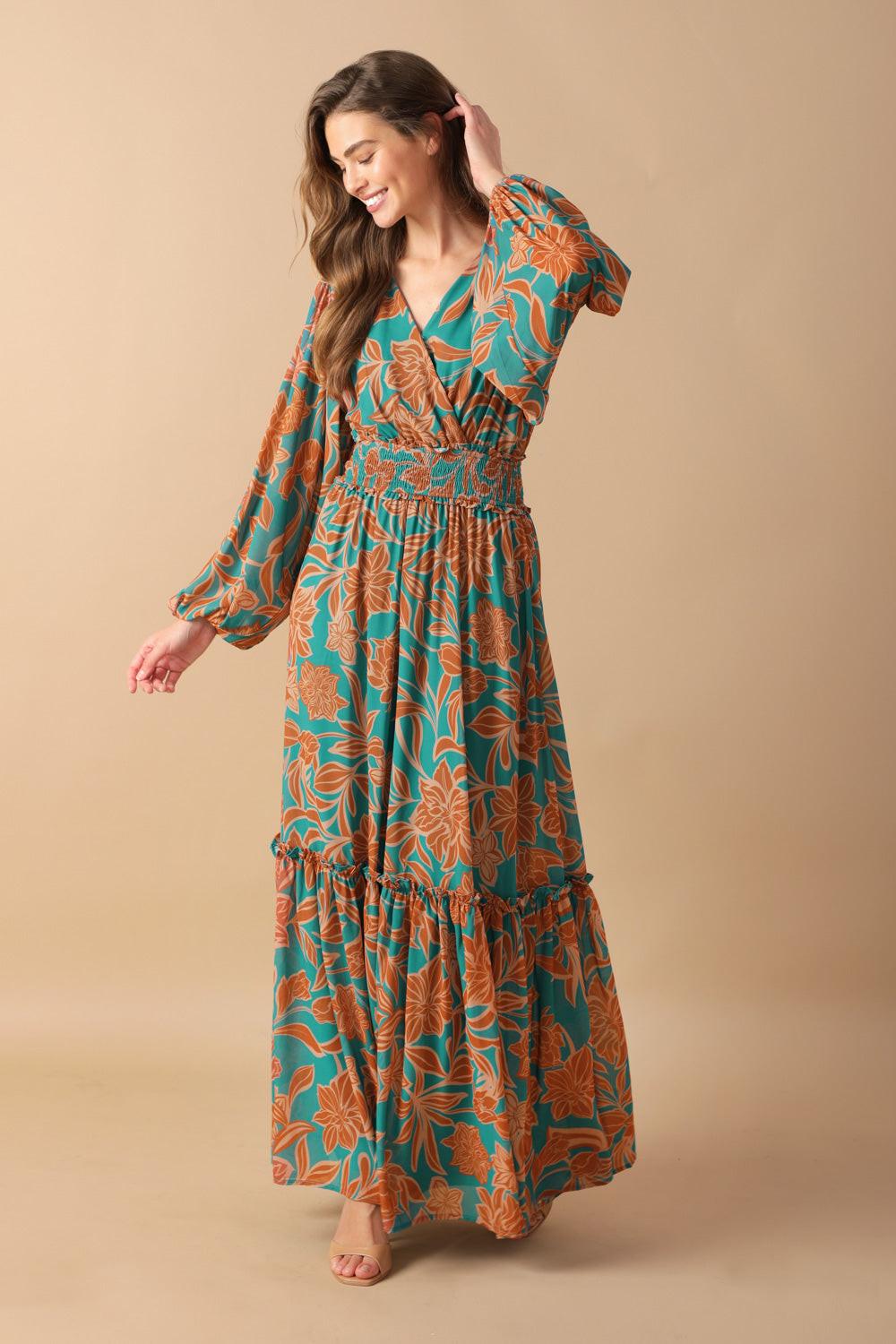 Fleeting Fauna Woven Maxi Dress in teal rust, view 1 — Soul Flow Apparel