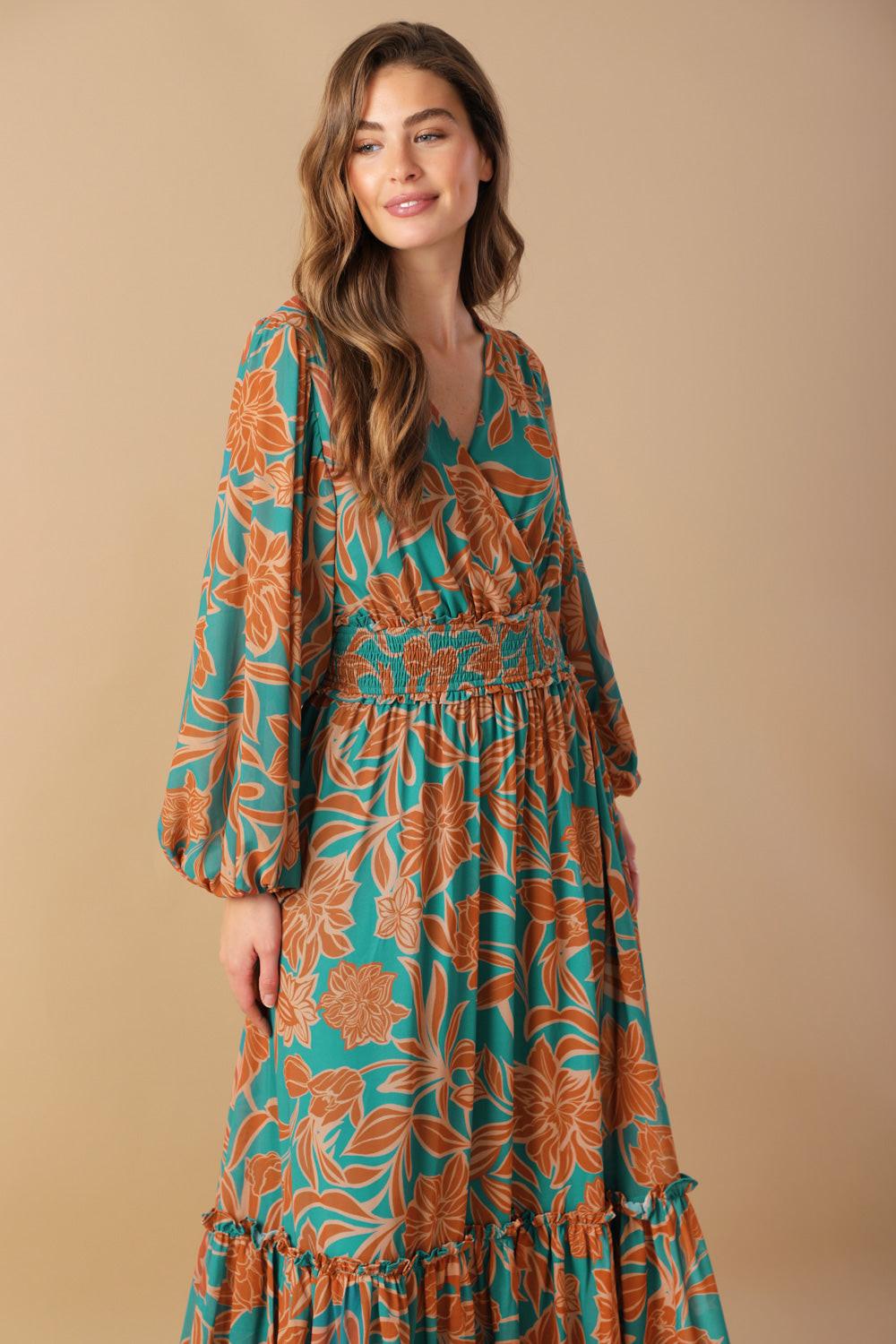 Fleeting Fauna Woven Maxi Dress in teal rust, view 2 — Soul Flow Apparel